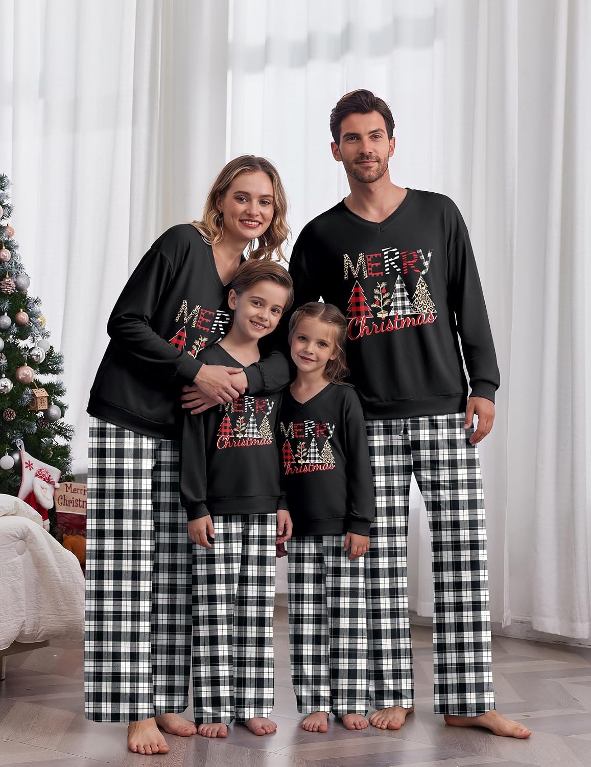 image:imageEkouaer Family Christmas Pajamas Matching Sets Couple Pjs Holiday SleepwearBlack Plaid Merry Christmas