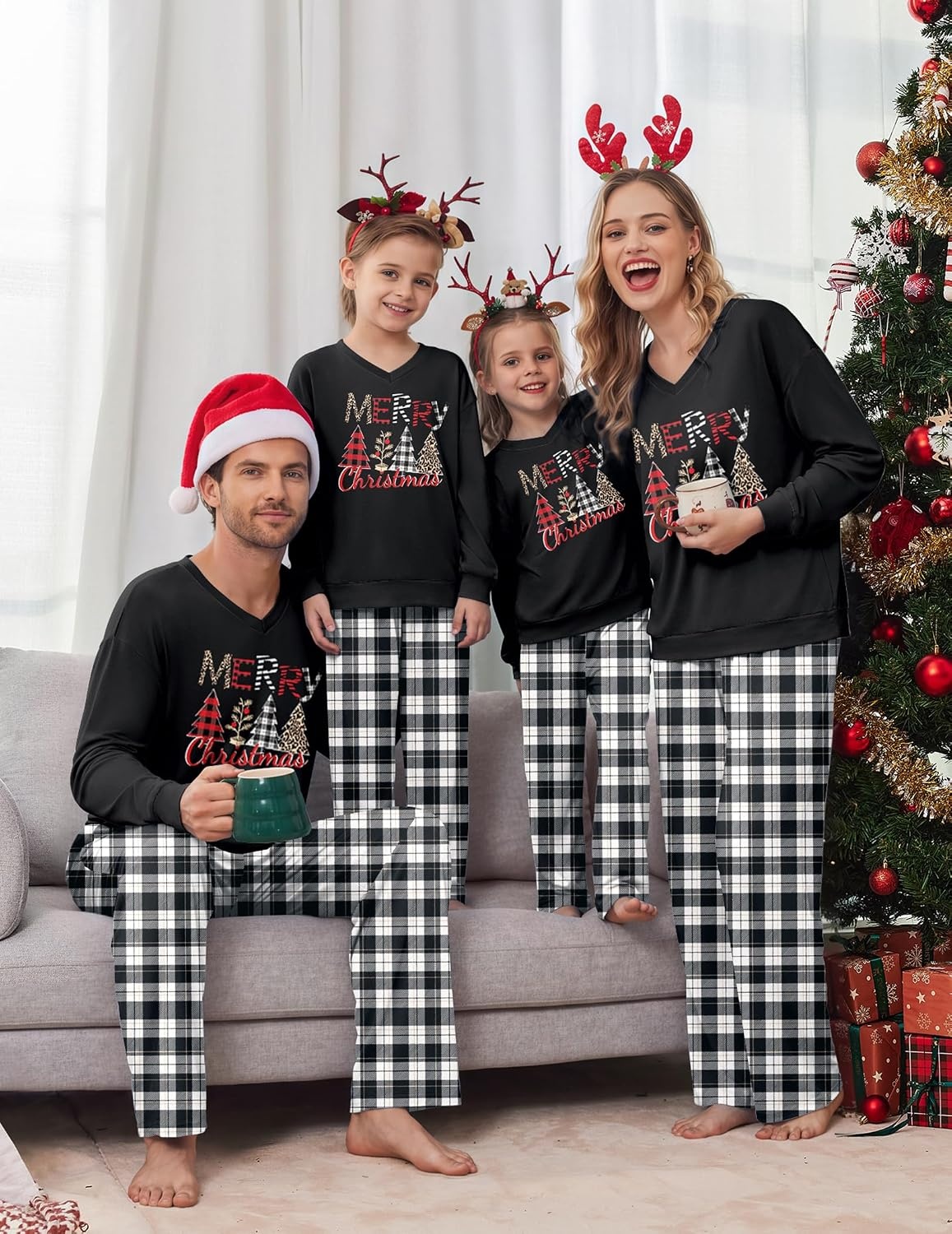 image:imageEkouaer Family Christmas Pajamas Matching Sets Couple Pjs Holiday SleepwearBlack Plaid Merry Christmas
