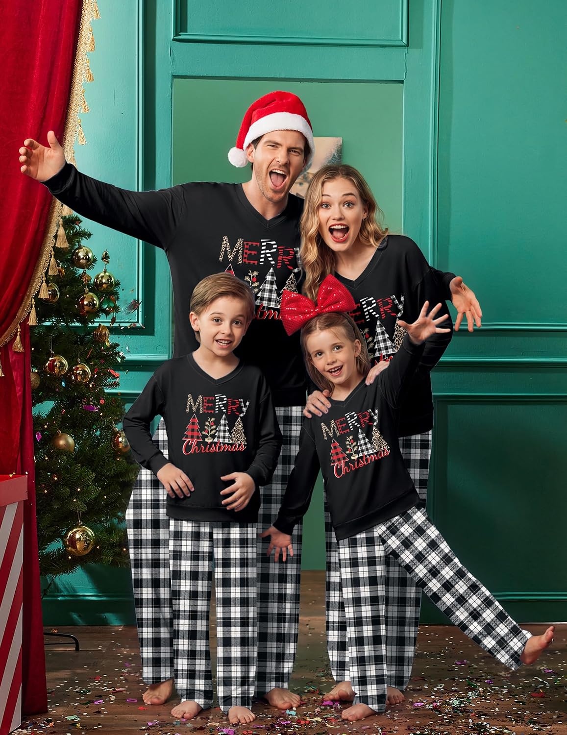 image:imageEkouaer Family Christmas Pajamas Matching Sets Couple Pjs Holiday SleepwearBlack Plaid Merry Christmas