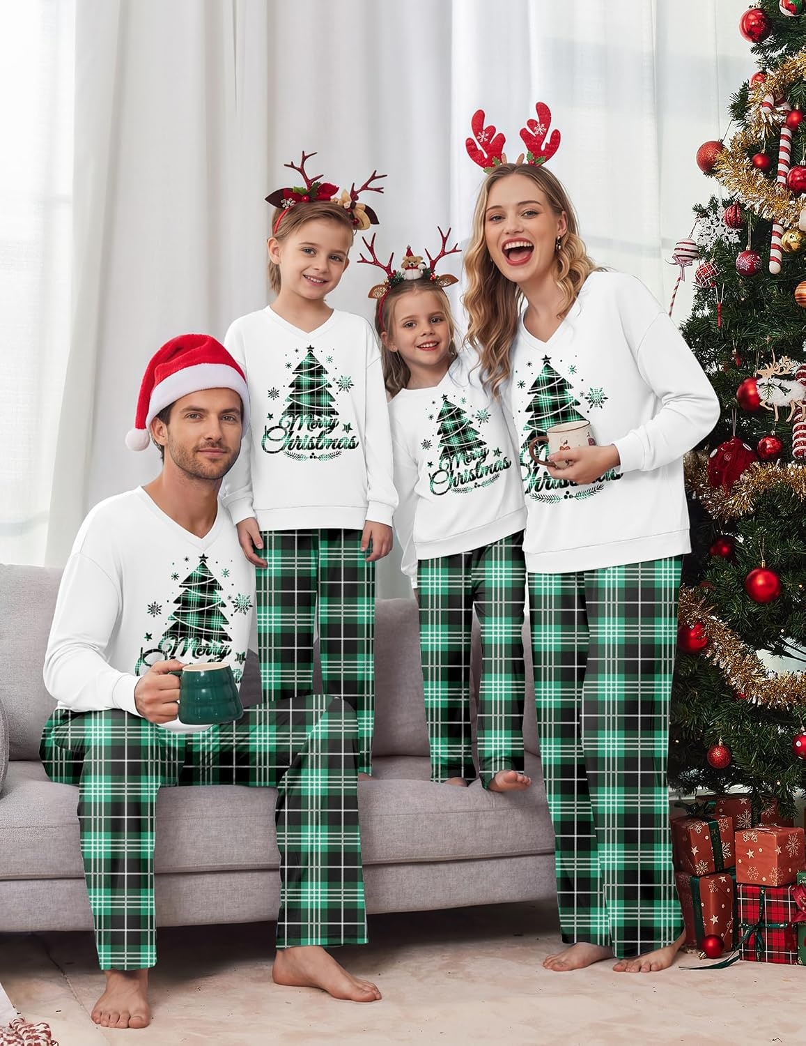 image:imageEkouaer Family Christmas Pajamas Matching Sets Couple Pjs Holiday SleepwearGreen Christmas Plaid