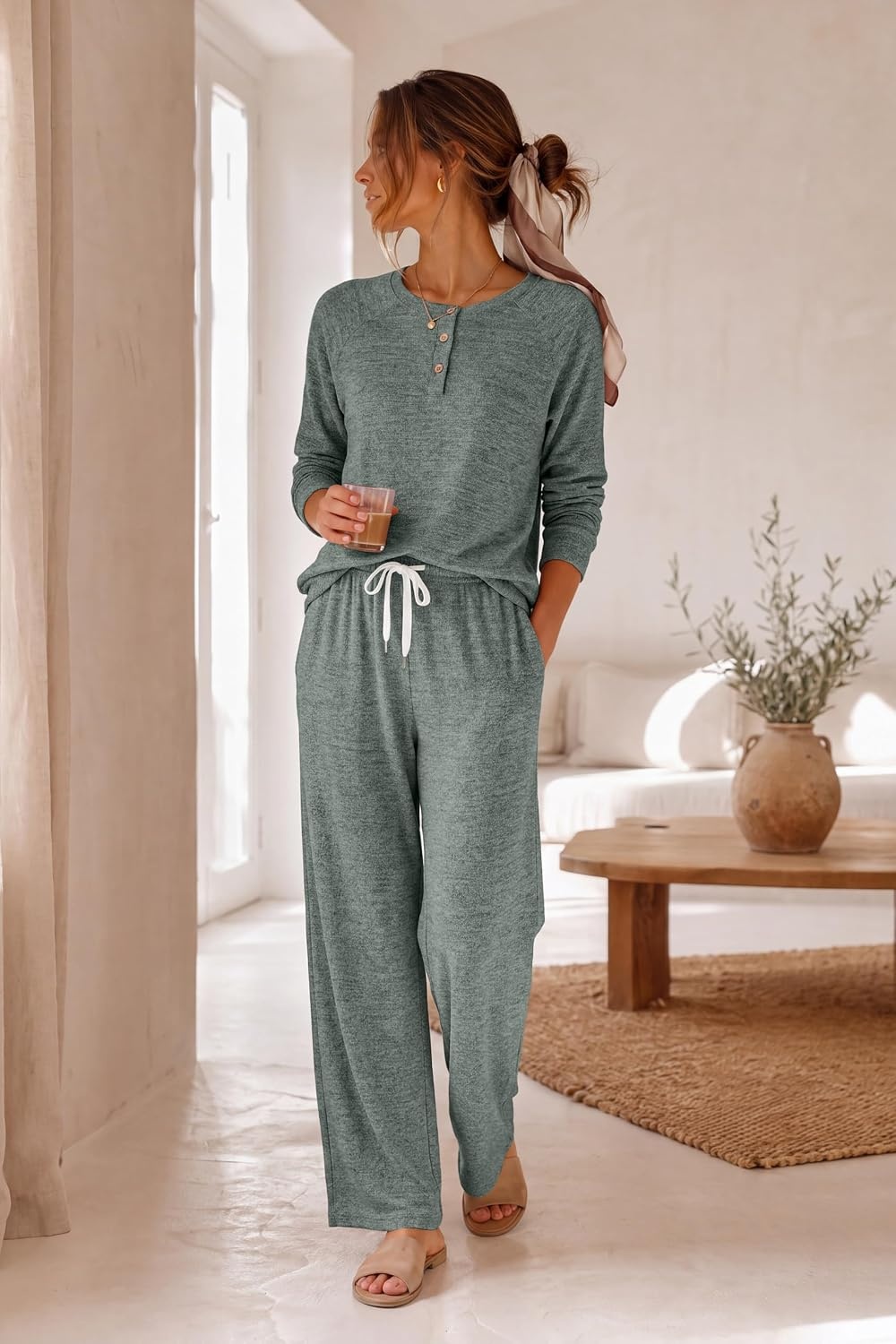 image:imageEkouaer Lounge Sets for Women Soft 2 Piece Pajama Sets Long Sleeve Fall OutfitsArmy