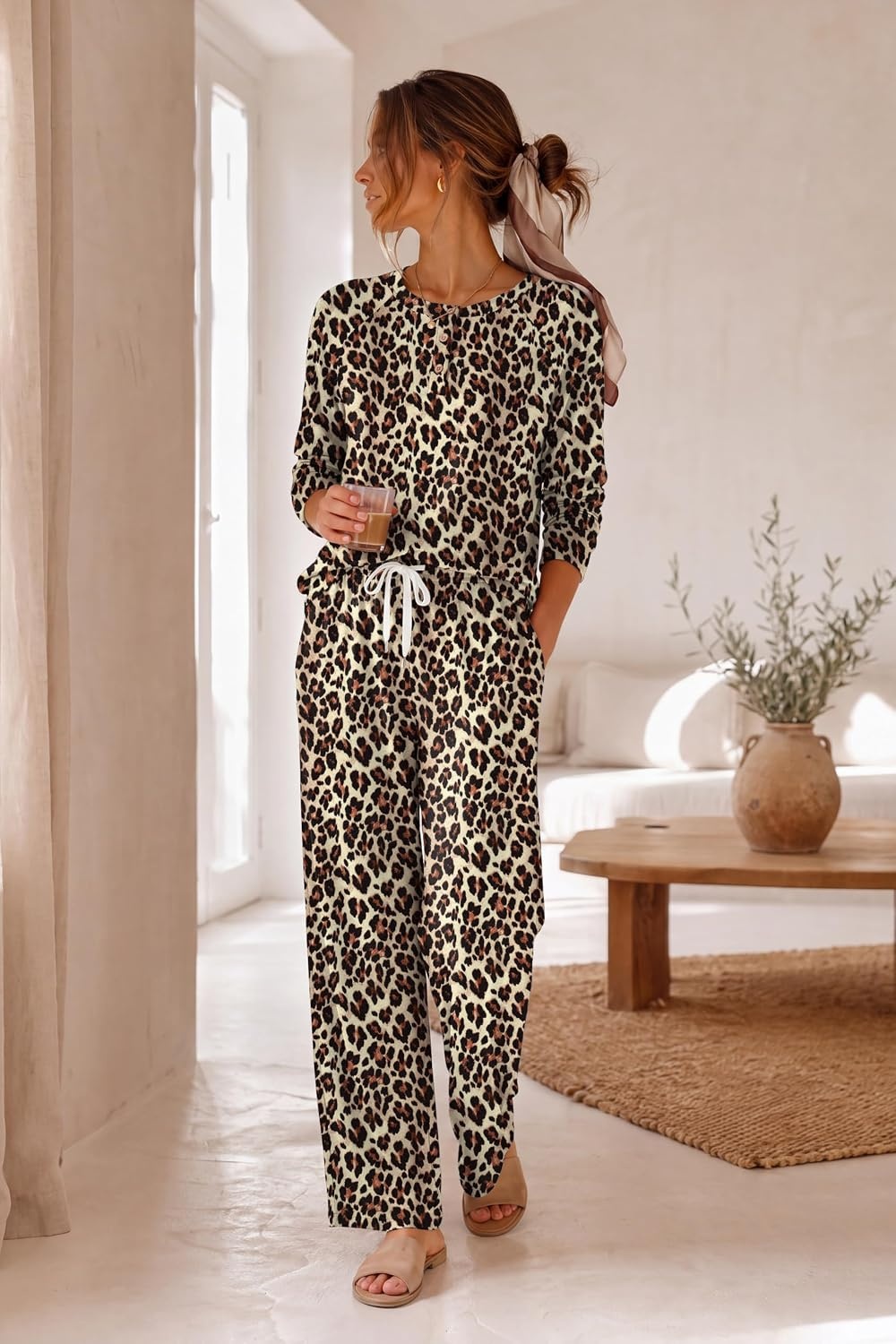 image:imageEkouaer Lounge Sets for Women Soft 2 Piece Pajama Sets Long Sleeve Fall OutfitsCheetah