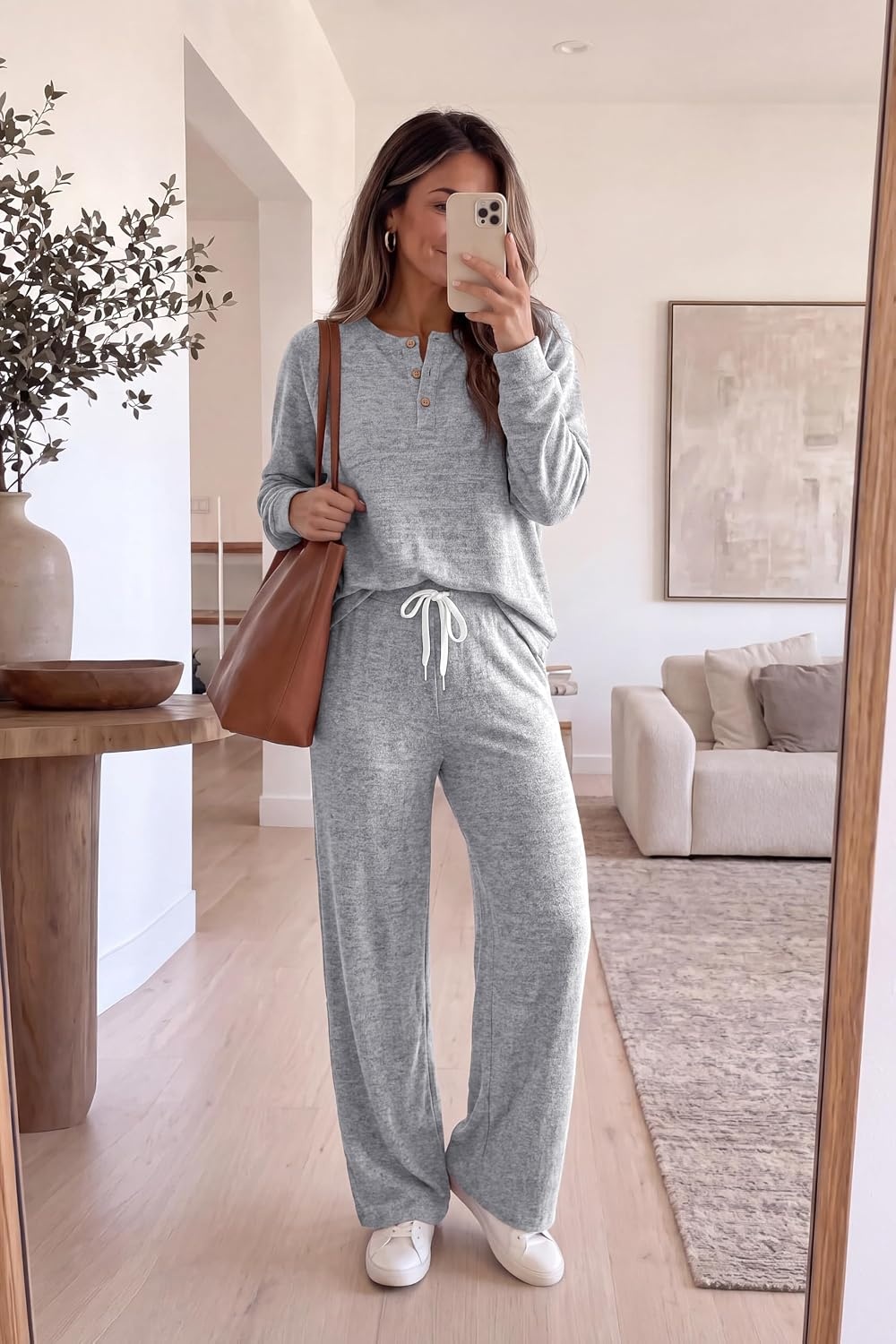 image:imageEkouaer Lounge Sets for Women Soft 2 Piece Pajama Sets Long Sleeve Fall OutfitsLight Grey