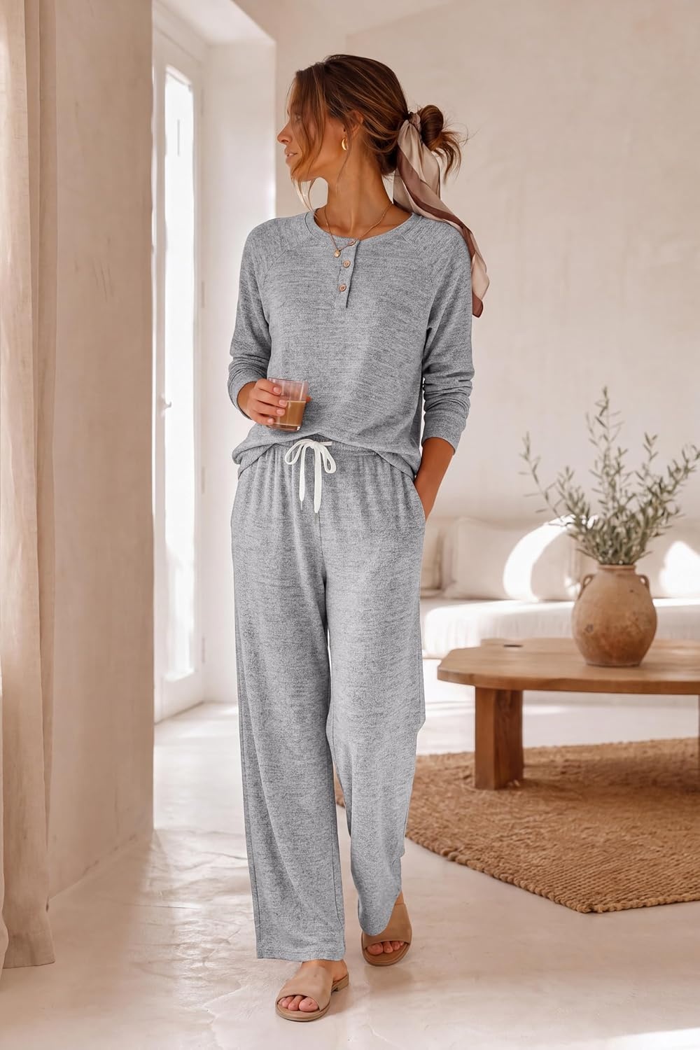 image:imageEkouaer Lounge Sets for Women Soft 2 Piece Pajama Sets Long Sleeve Fall OutfitsLight Grey