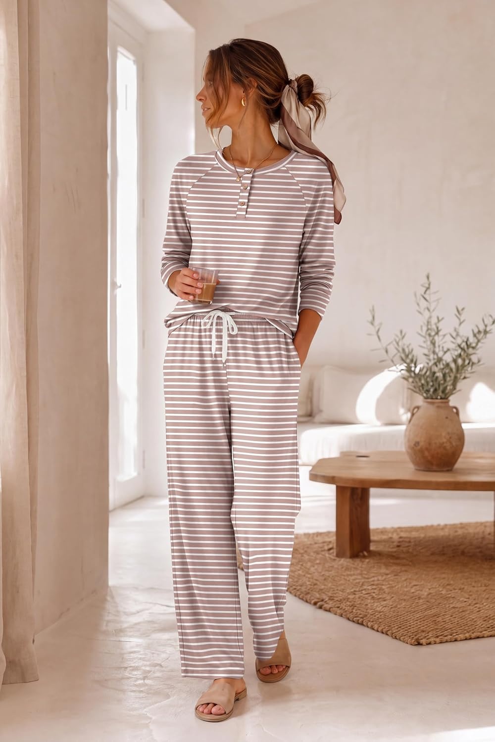 image:imageEkouaer Lounge Sets for Women Soft 2 Piece Pajama Sets Long Sleeve Fall OutfitsPink Stripe