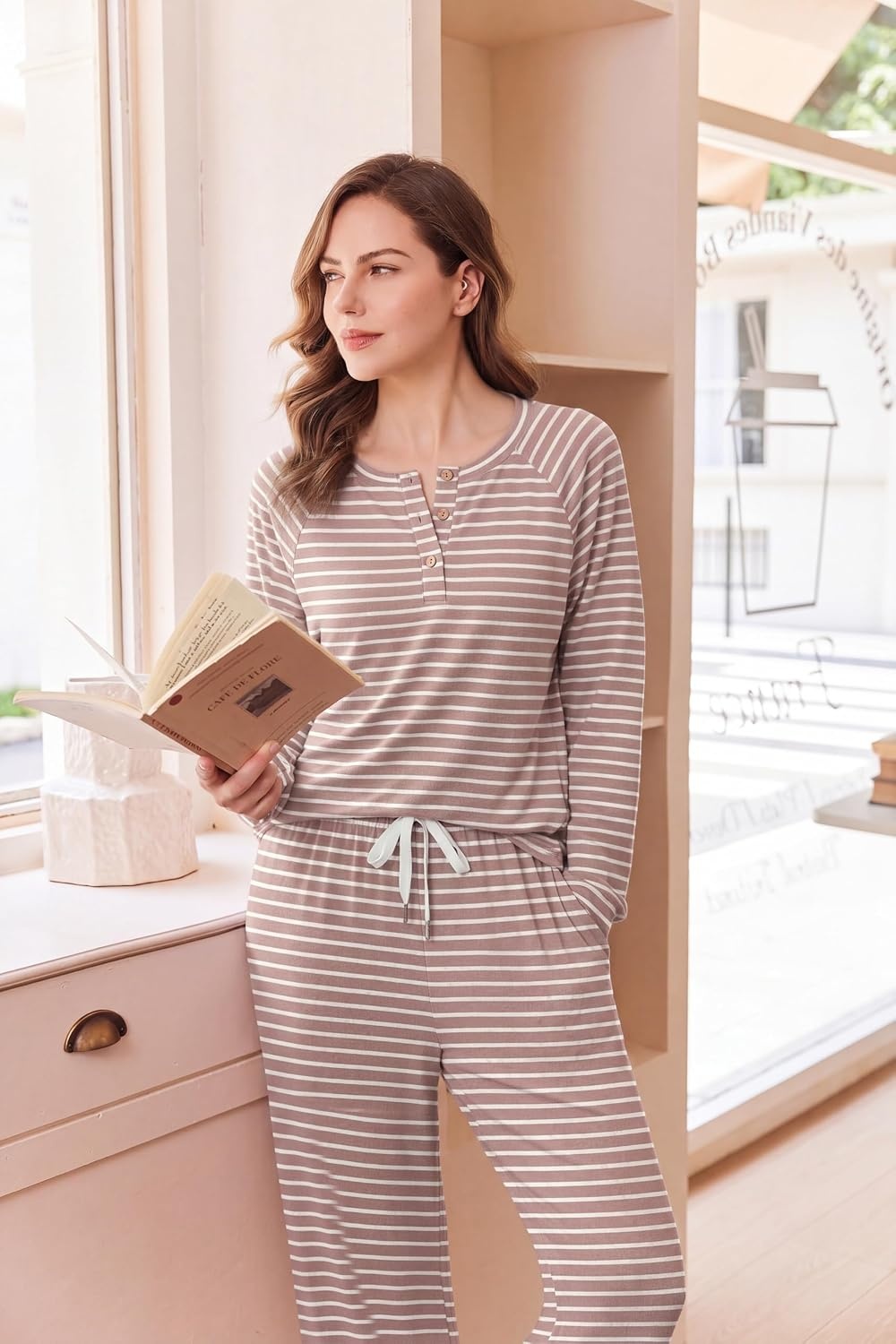 image:imageEkouaer Lounge Sets for Women Soft 2 Piece Pajama Sets Long Sleeve Fall OutfitsPink Stripe