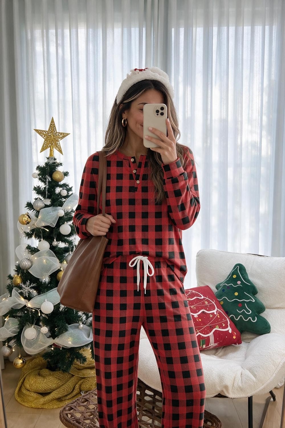 image:imageEkouaer Lounge Sets for Women Soft 2 Piece Pajama Sets Long Sleeve Fall OutfitsRed Plaid