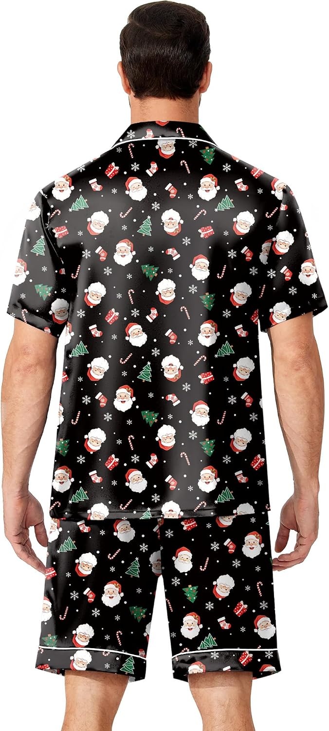 image:imageEkouaer Mens Pajamas Set Silk Satin Pjs Short Sleeve Button Up Lounge SetsXmas Black