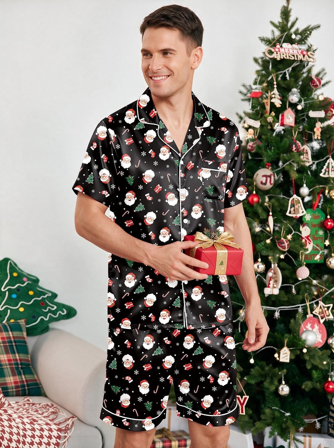 image:imageEkouaer Mens Pajamas Set Silk Satin Pjs Short Sleeve Button Up Lounge SetsXmas Black