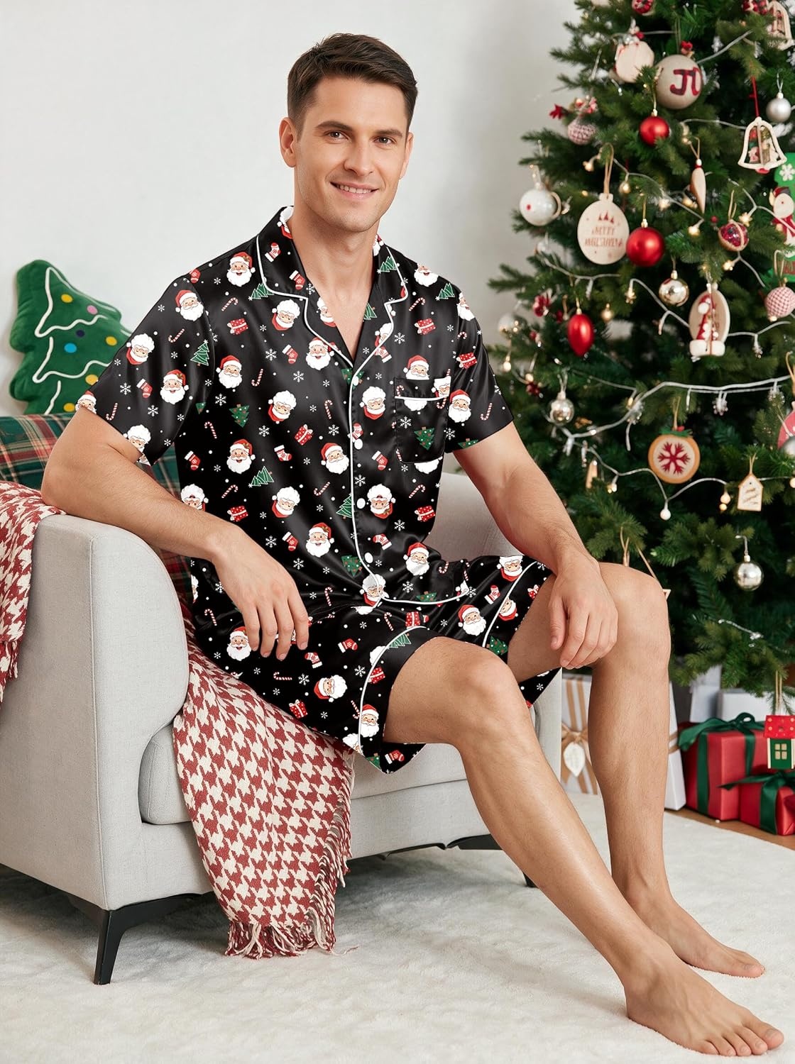 image:imageEkouaer Mens Pajamas Set Silk Satin Pjs Short Sleeve Button Up Lounge SetsXmas Black