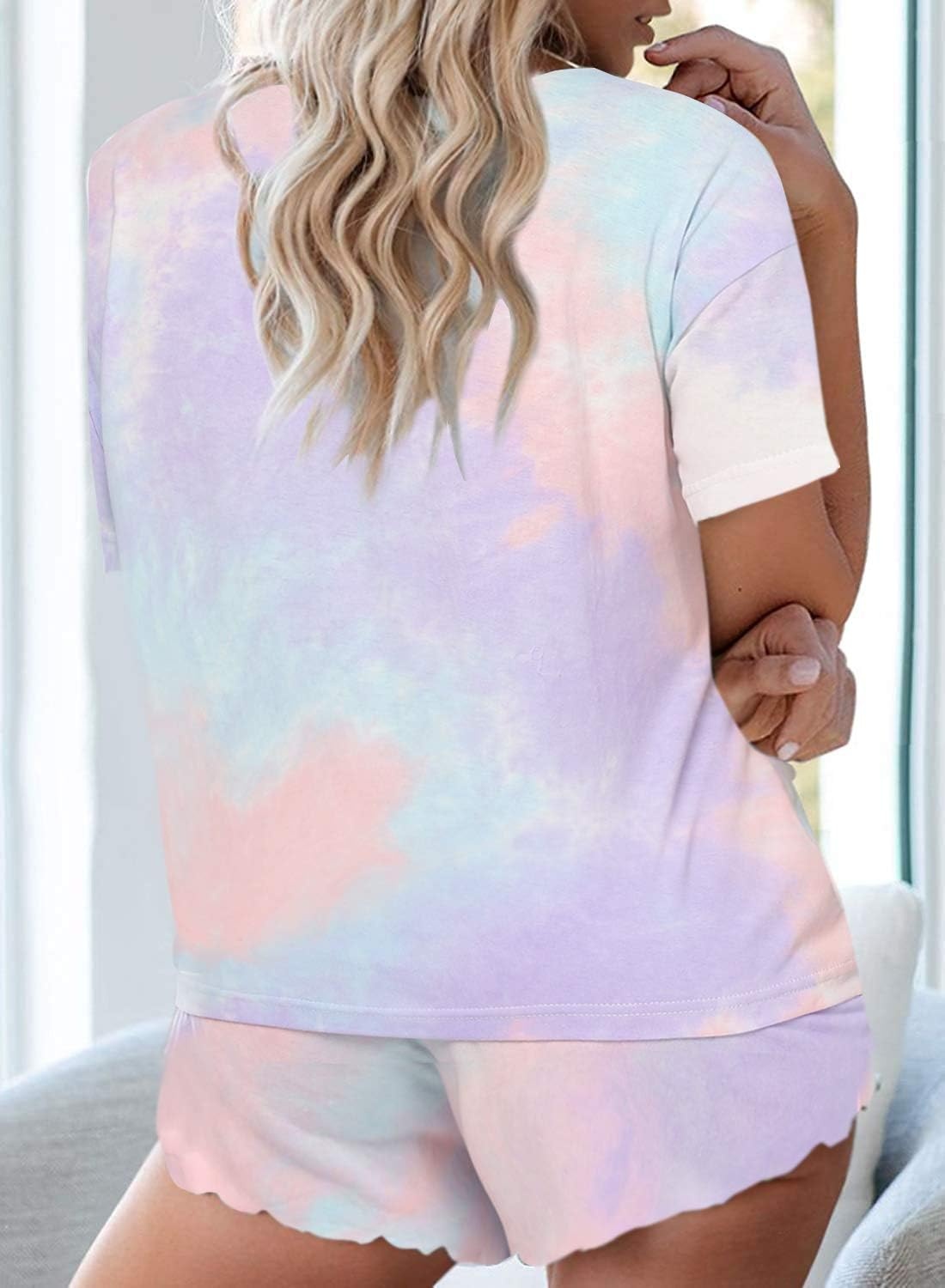 image:imageEkouaer Pajamas Set for Women Short Sleeve Lounge Set 2 Piece Soft Cute PjsAtie Dye Pink Blue Purple