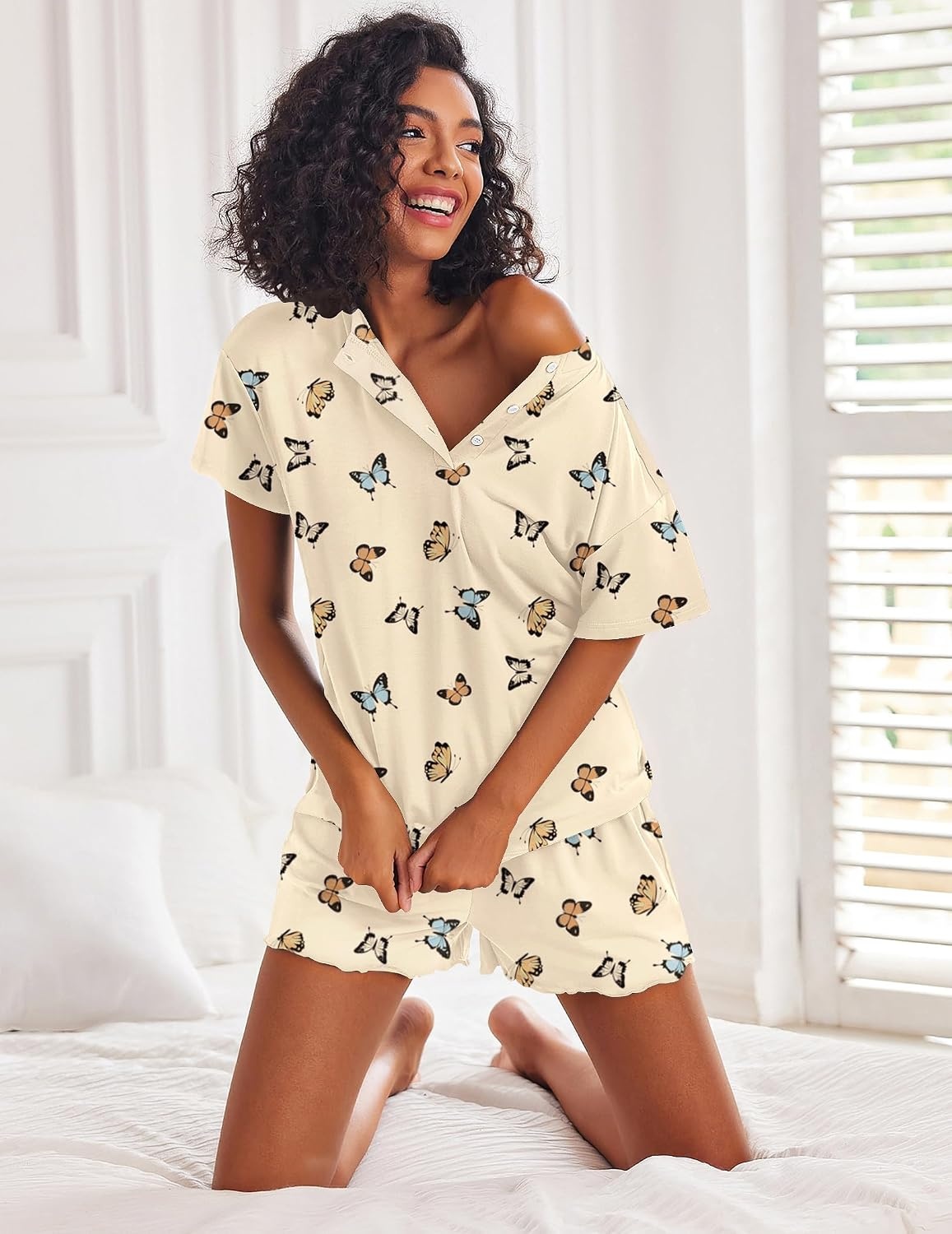 image:imageEkouaer Pajamas Set for Women Short Sleeve Lounge Set 2 Piece Soft Cute PjsBeige Butterfly