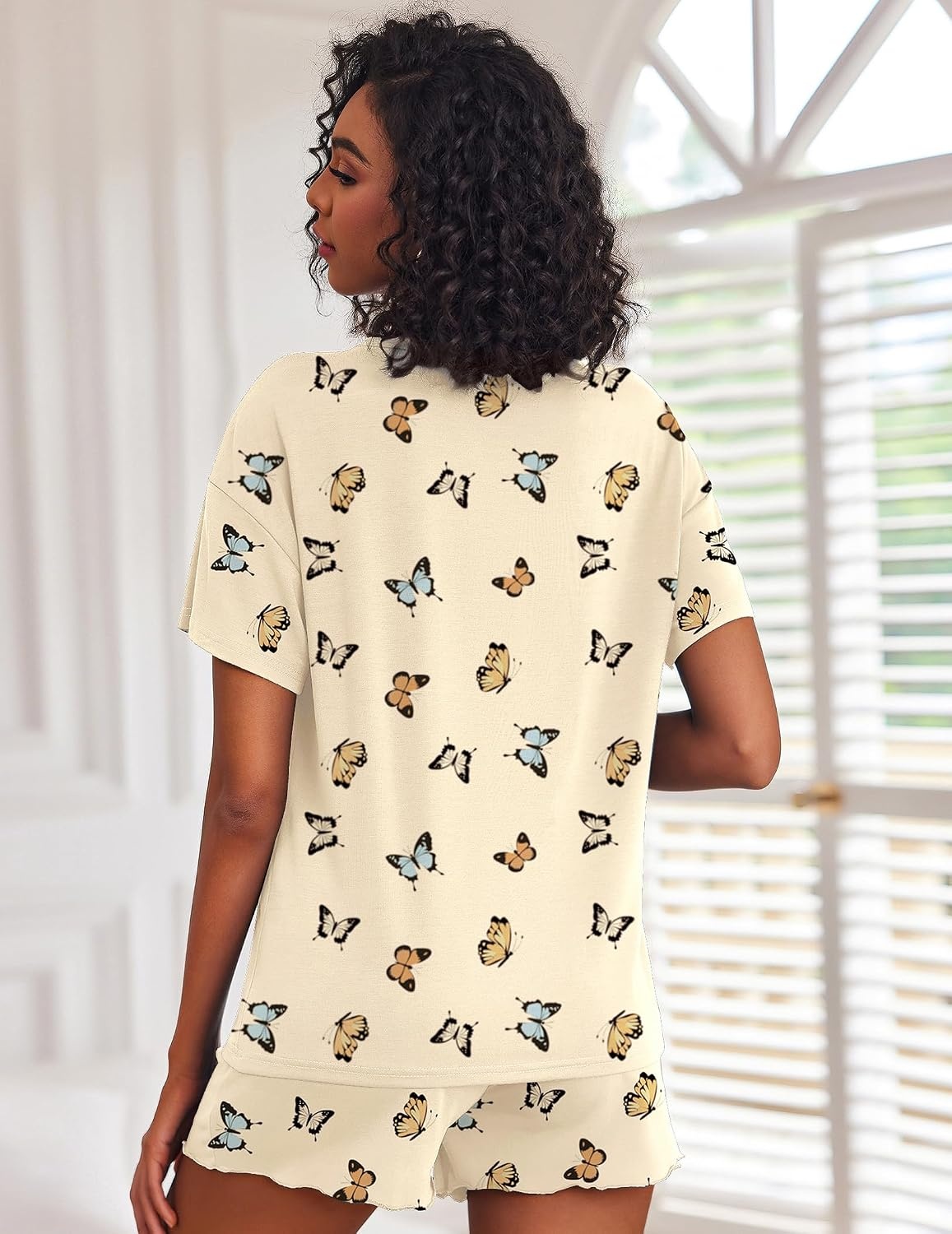 image:imageEkouaer Pajamas Set for Women Short Sleeve Lounge Set 2 Piece Soft Cute PjsBeige Butterfly