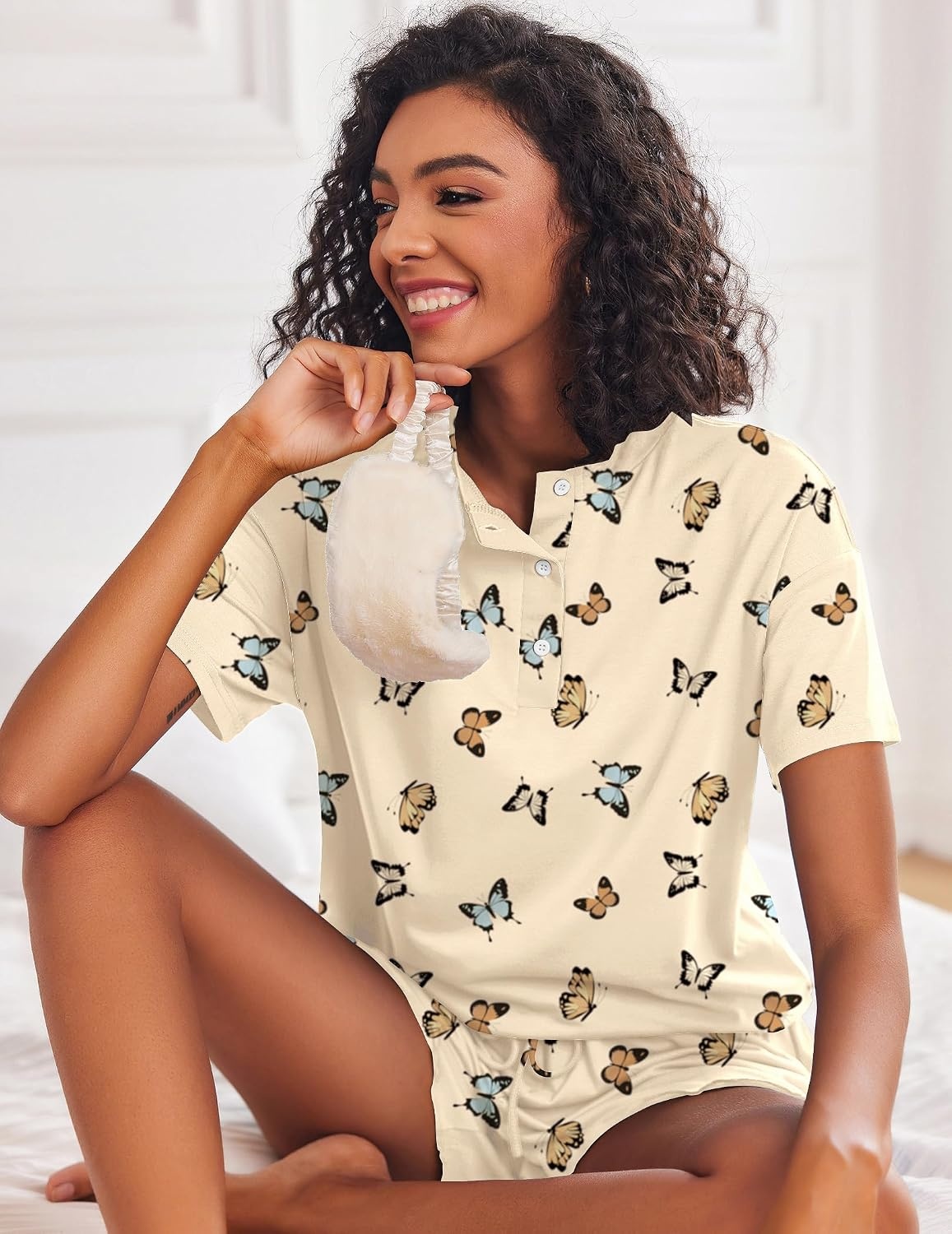 image:imageEkouaer Pajamas Set for Women Short Sleeve Lounge Set 2 Piece Soft Cute PjsBeige Butterfly