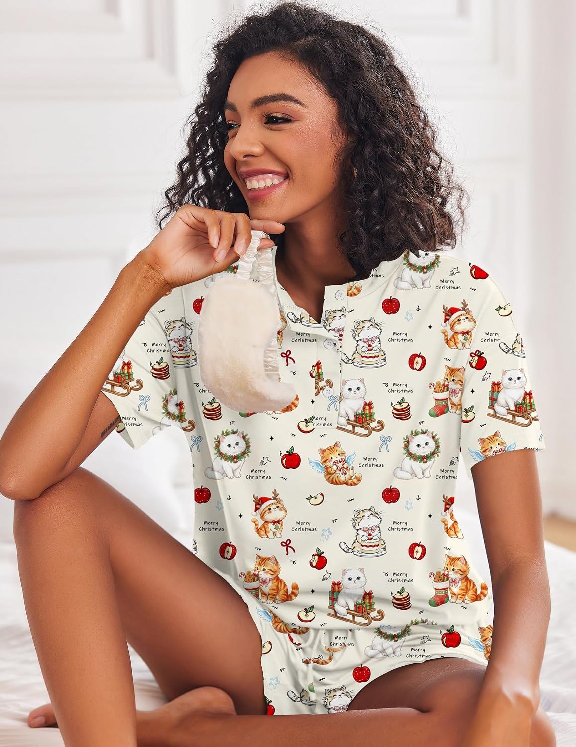 image:imageEkouaer Pajamas Set for Women Short Sleeve Lounge Set 2 Piece Soft Cute PjsBeige Cat