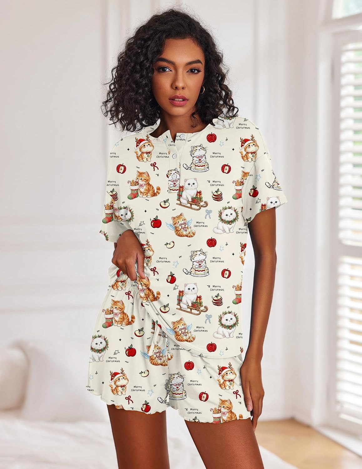 image:imageEkouaer Pajamas Set for Women Short Sleeve Lounge Set 2 Piece Soft Cute PjsBeige Cat