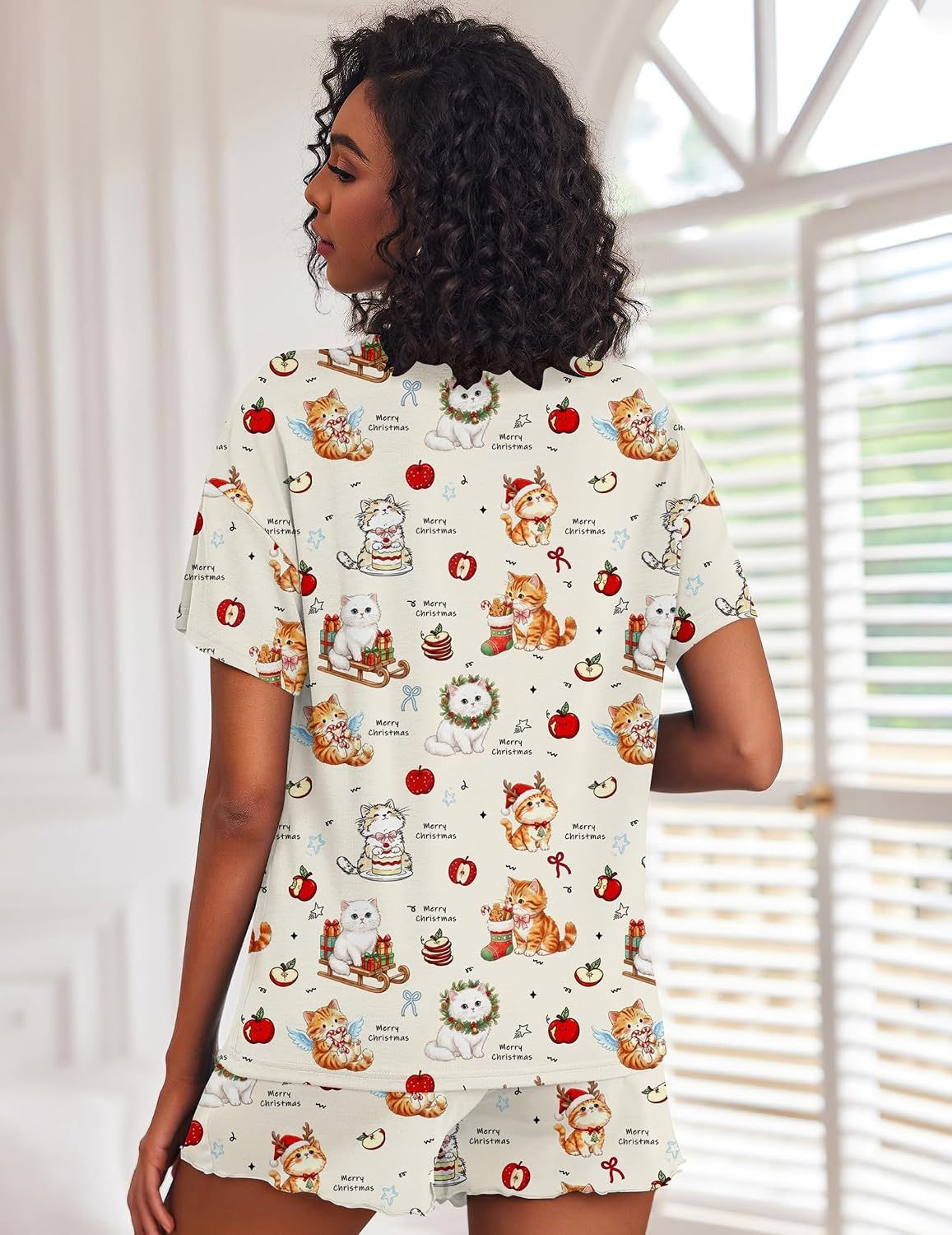 image:imageEkouaer Pajamas Set for Women Short Sleeve Lounge Set 2 Piece Soft Cute PjsBeige Cat