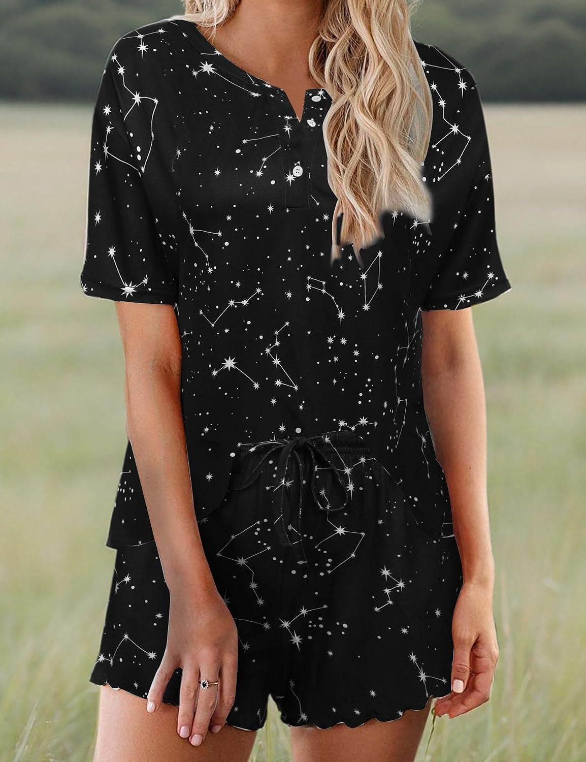 image:imageEkouaer Pajamas Set for Women Short Sleeve Lounge Set 2 Piece Soft Cute PjsBlack Sky