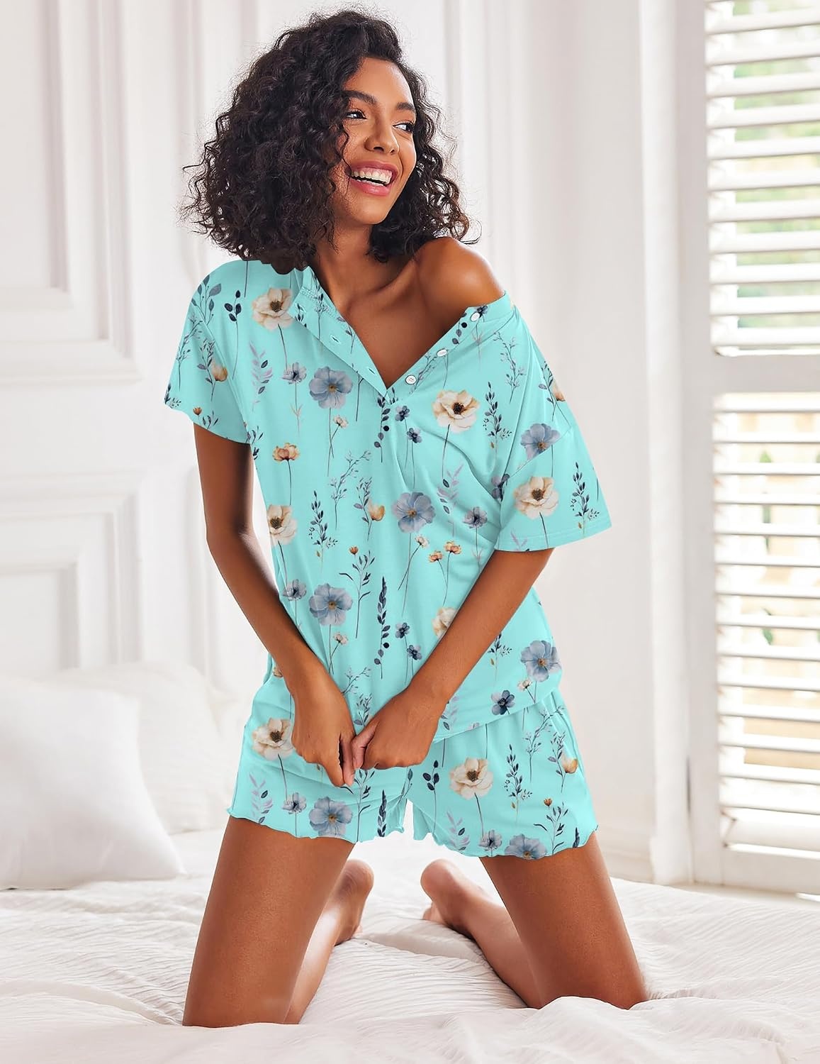 image:imageEkouaer Pajamas Set for Women Short Sleeve Lounge Set 2 Piece Soft Cute PjsBlue Flower