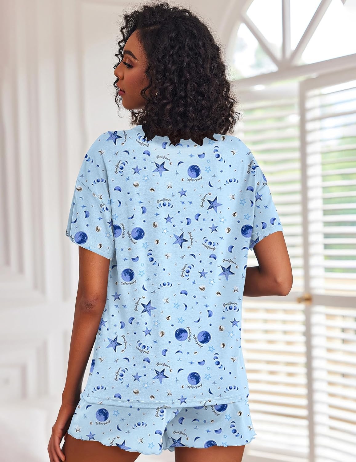 image:imageEkouaer Pajamas Set for Women Short Sleeve Lounge Set 2 Piece Soft Cute PjsBlue Star