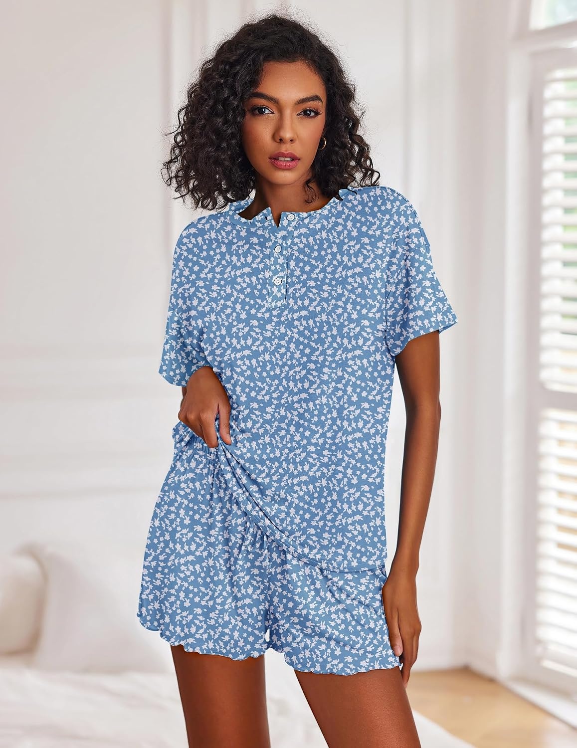 image:imageEkouaer Pajamas Set for Women Short Sleeve Lounge Set 2 Piece Soft Cute PjsClear Blue Floral