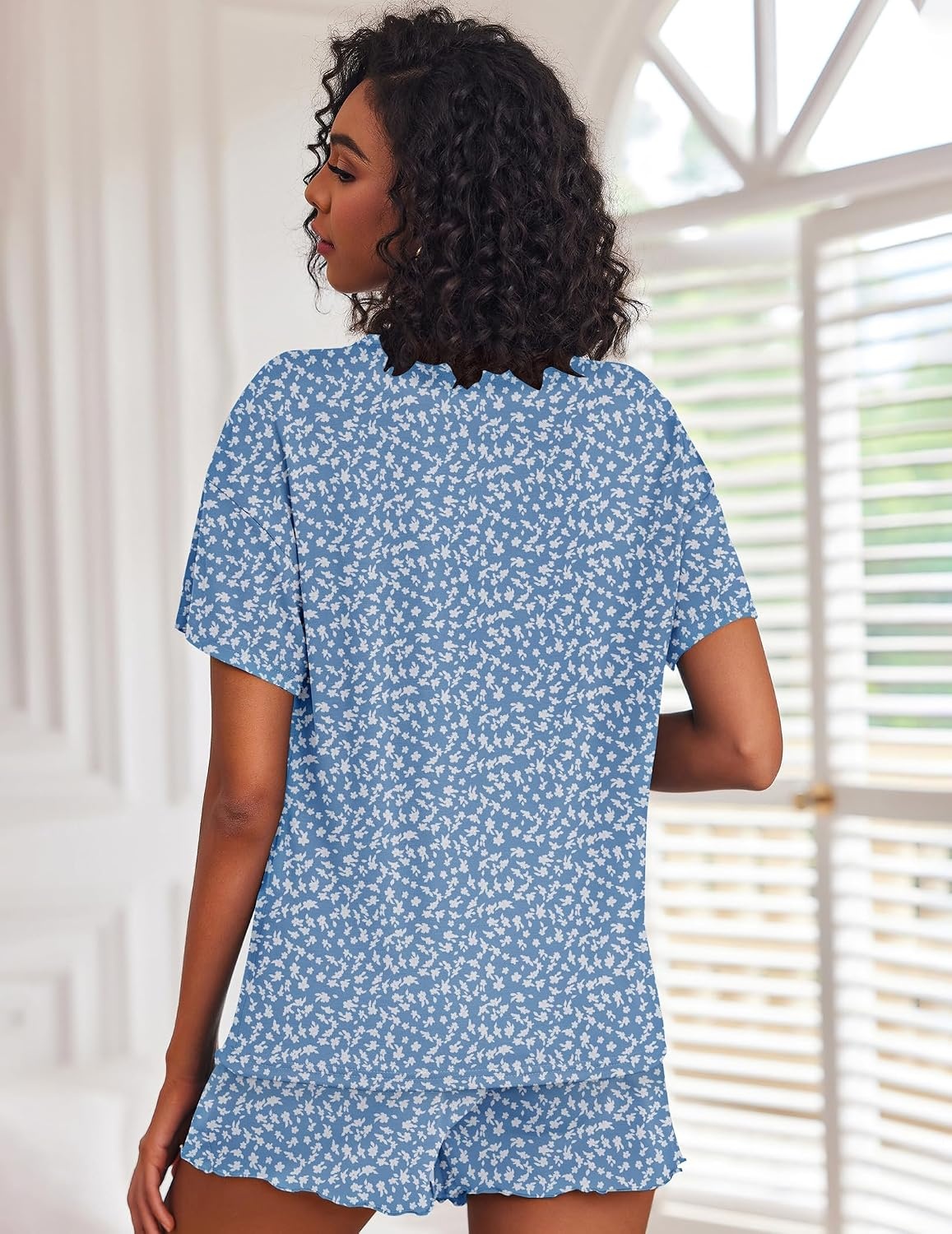 image:imageEkouaer Pajamas Set for Women Short Sleeve Lounge Set 2 Piece Soft Cute PjsClear Blue Floral