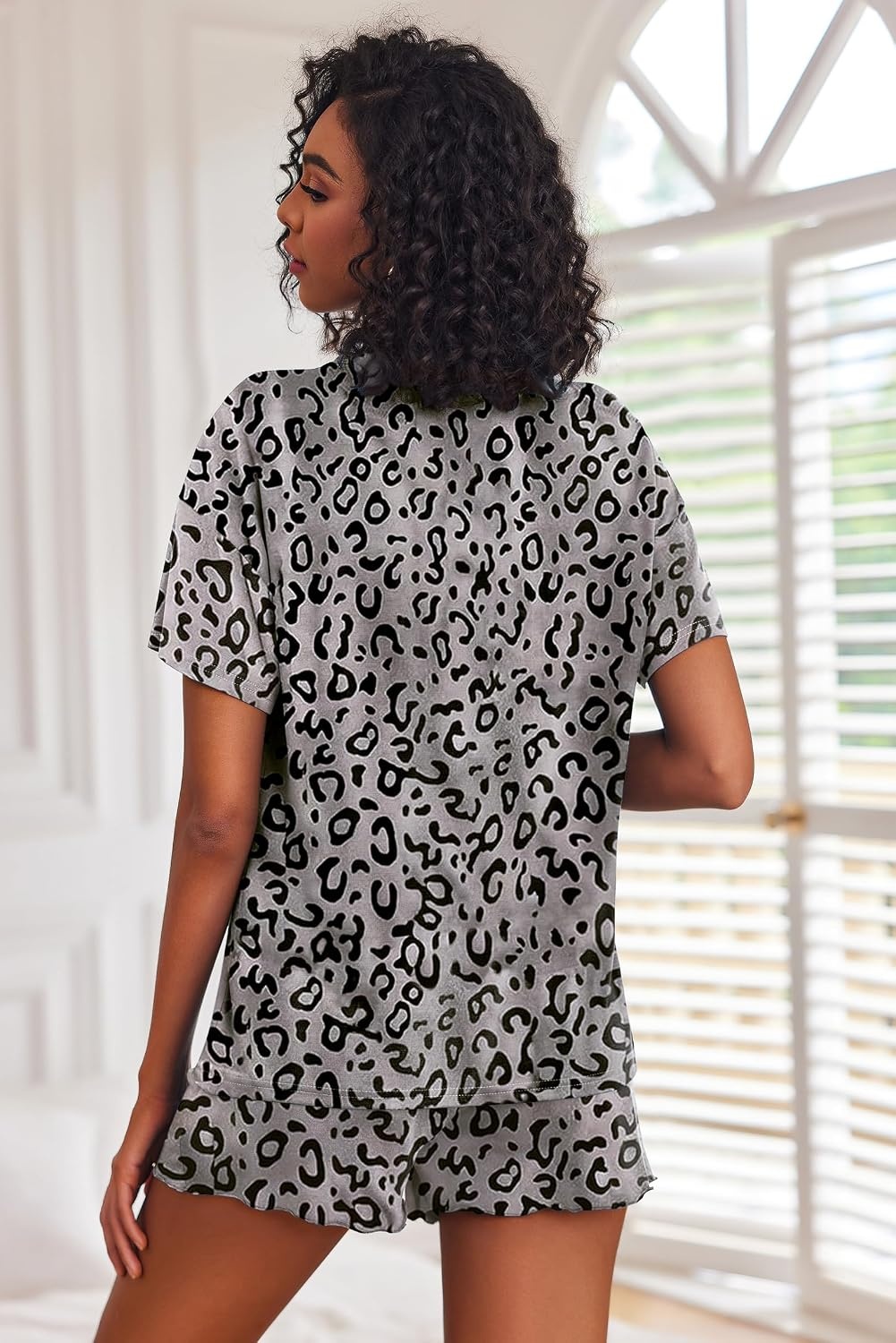 image:imageEkouaer Pajamas Set for Women Short Sleeve Lounge Set 2 Piece Soft Cute PjsGray Black Leopard