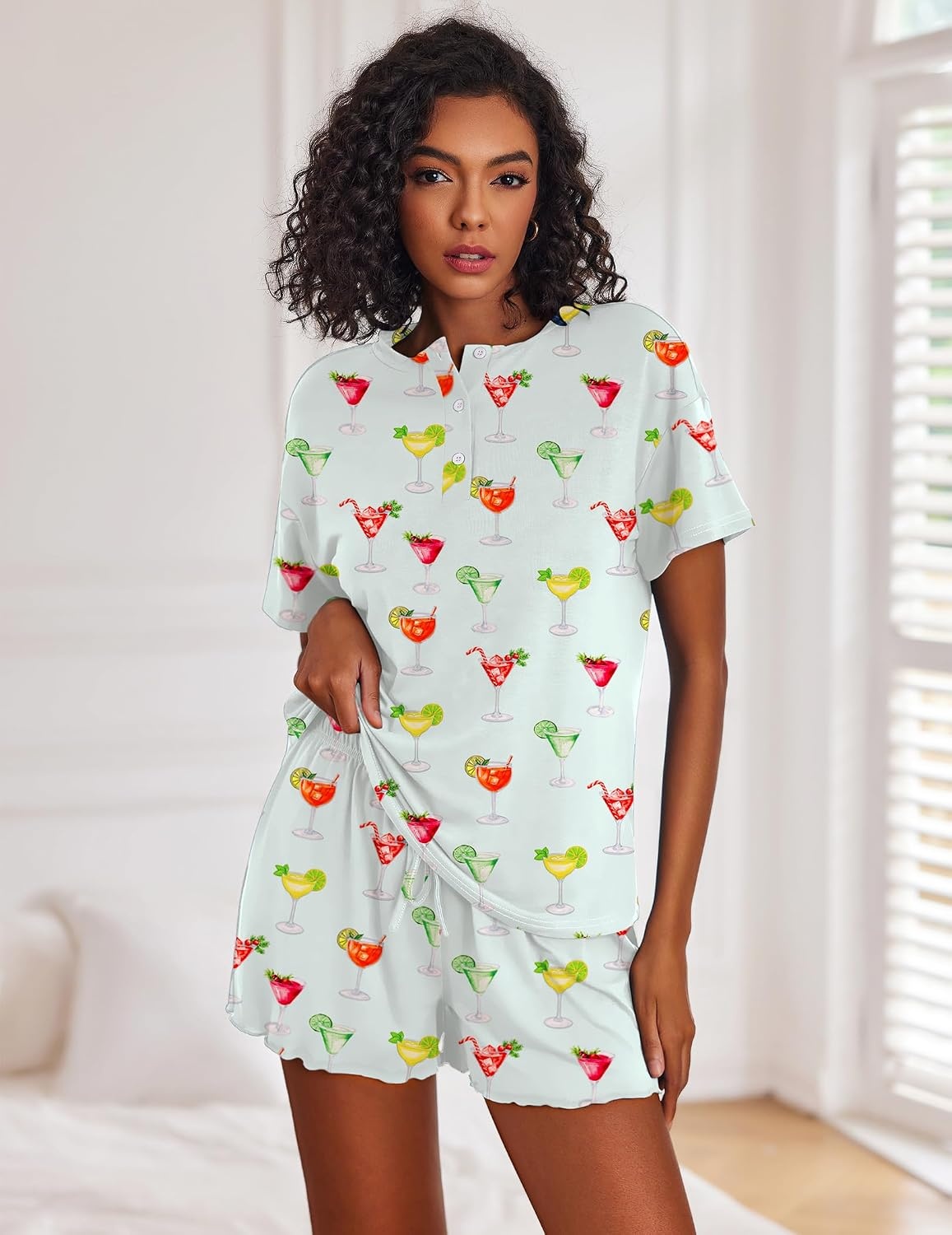 image:imageEkouaer Pajamas Set for Women Short Sleeve Lounge Set 2 Piece Soft Cute PjsGreen Cocktail Glass