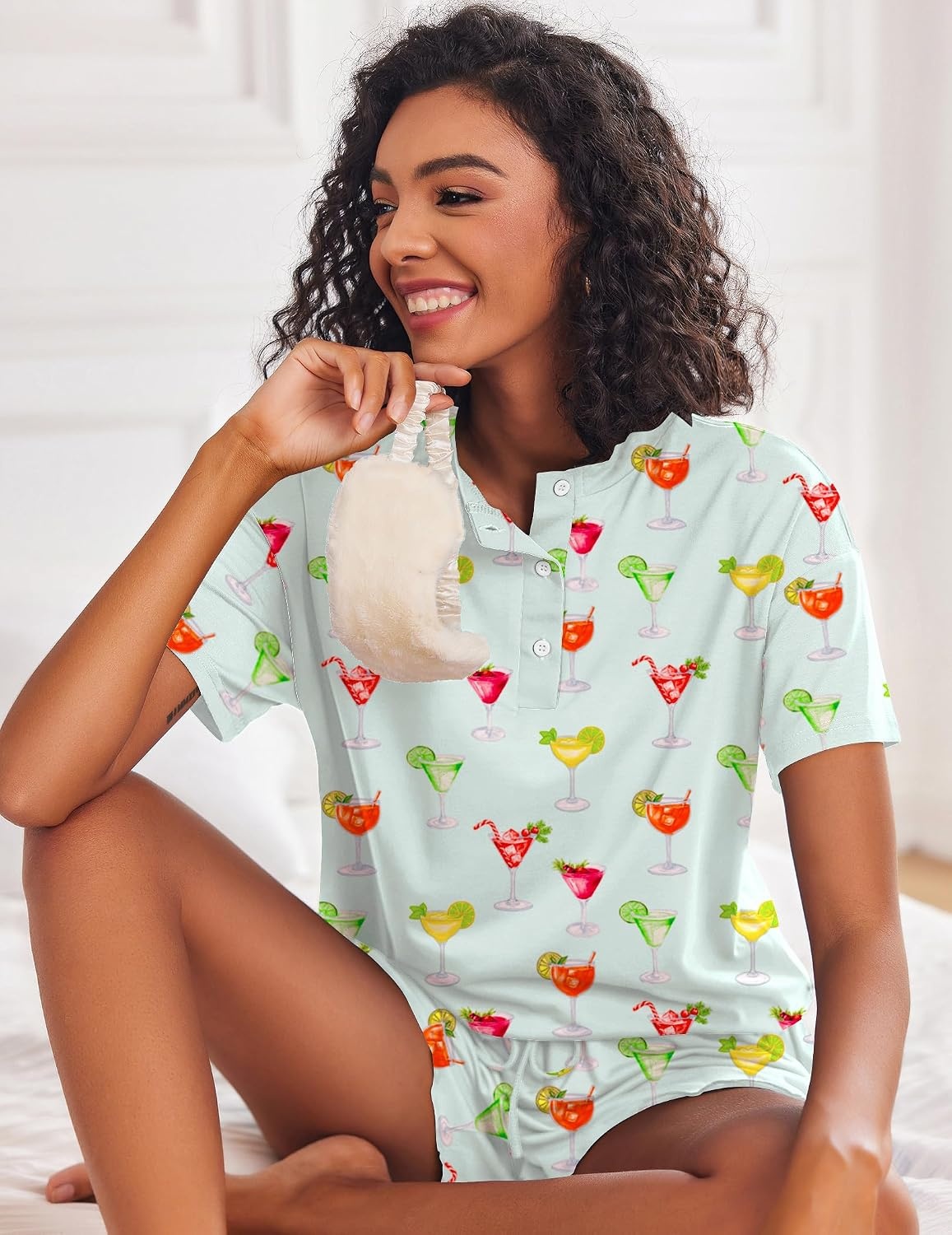 image:imageEkouaer Pajamas Set for Women Short Sleeve Lounge Set 2 Piece Soft Cute PjsGreen Cocktail Glass