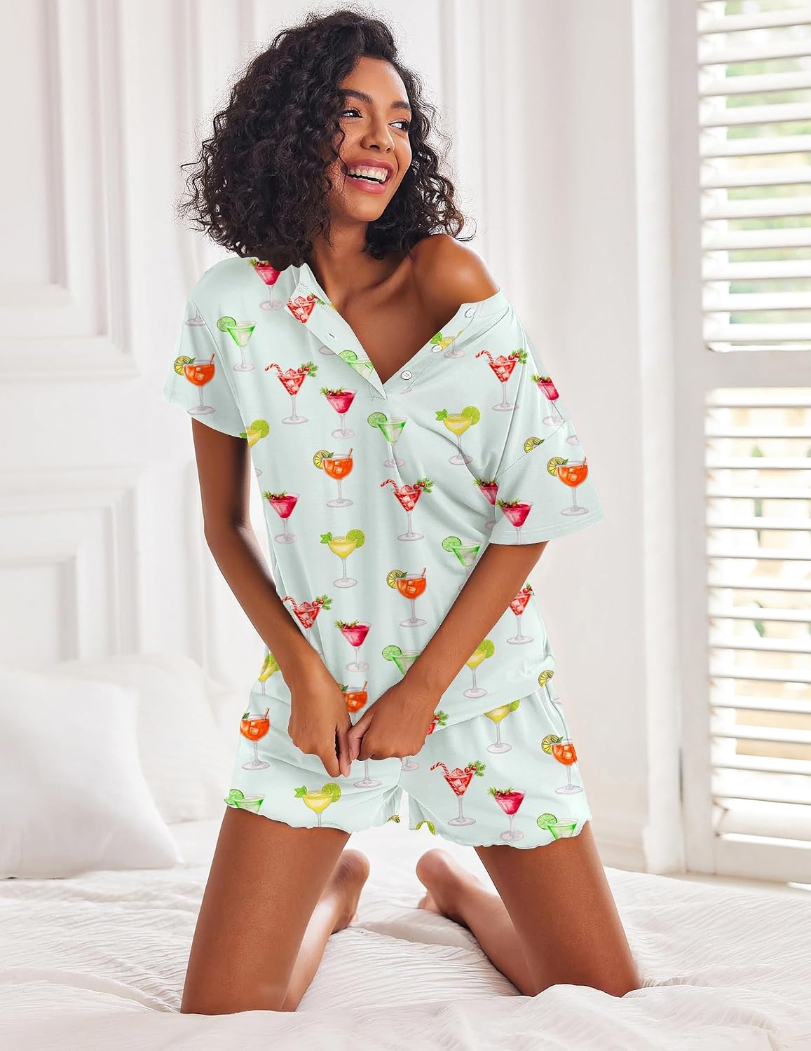 image:imageEkouaer Pajamas Set for Women Short Sleeve Lounge Set 2 Piece Soft Cute PjsGreen Cocktail Glass
