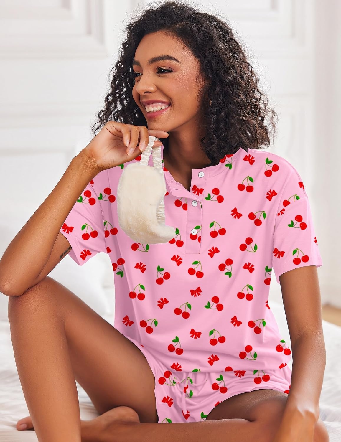 image:imageEkouaer Pajamas Set for Women Short Sleeve Lounge Set 2 Piece Soft Cute PjsPink Cherry