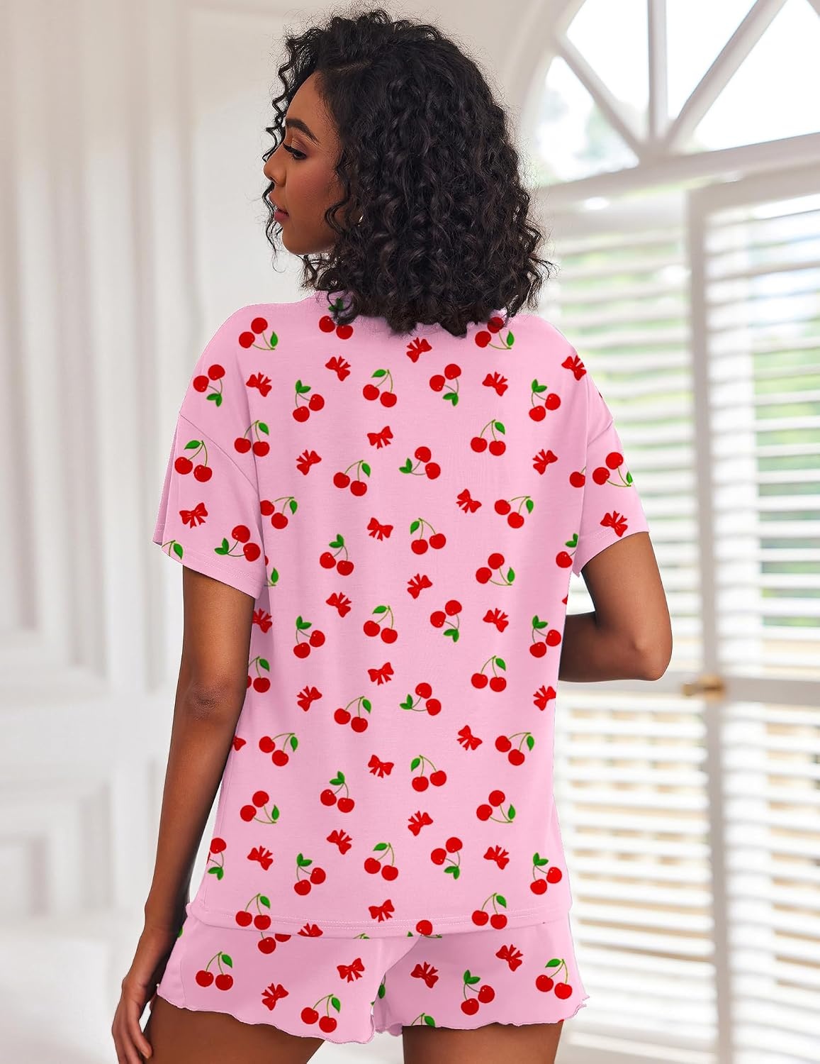 image:imageEkouaer Pajamas Set for Women Short Sleeve Lounge Set 2 Piece Soft Cute PjsPink Cherry