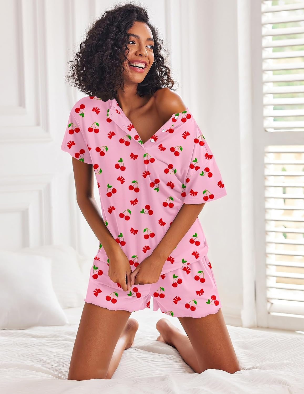 image:imageEkouaer Pajamas Set for Women Short Sleeve Lounge Set 2 Piece Soft Cute PjsPink Cherry