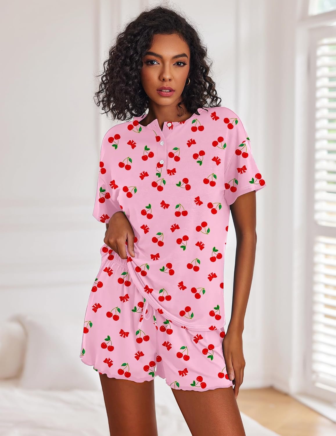 image:imageEkouaer Pajamas Set for Women Short Sleeve Lounge Set 2 Piece Soft Cute PjsPink Cherry