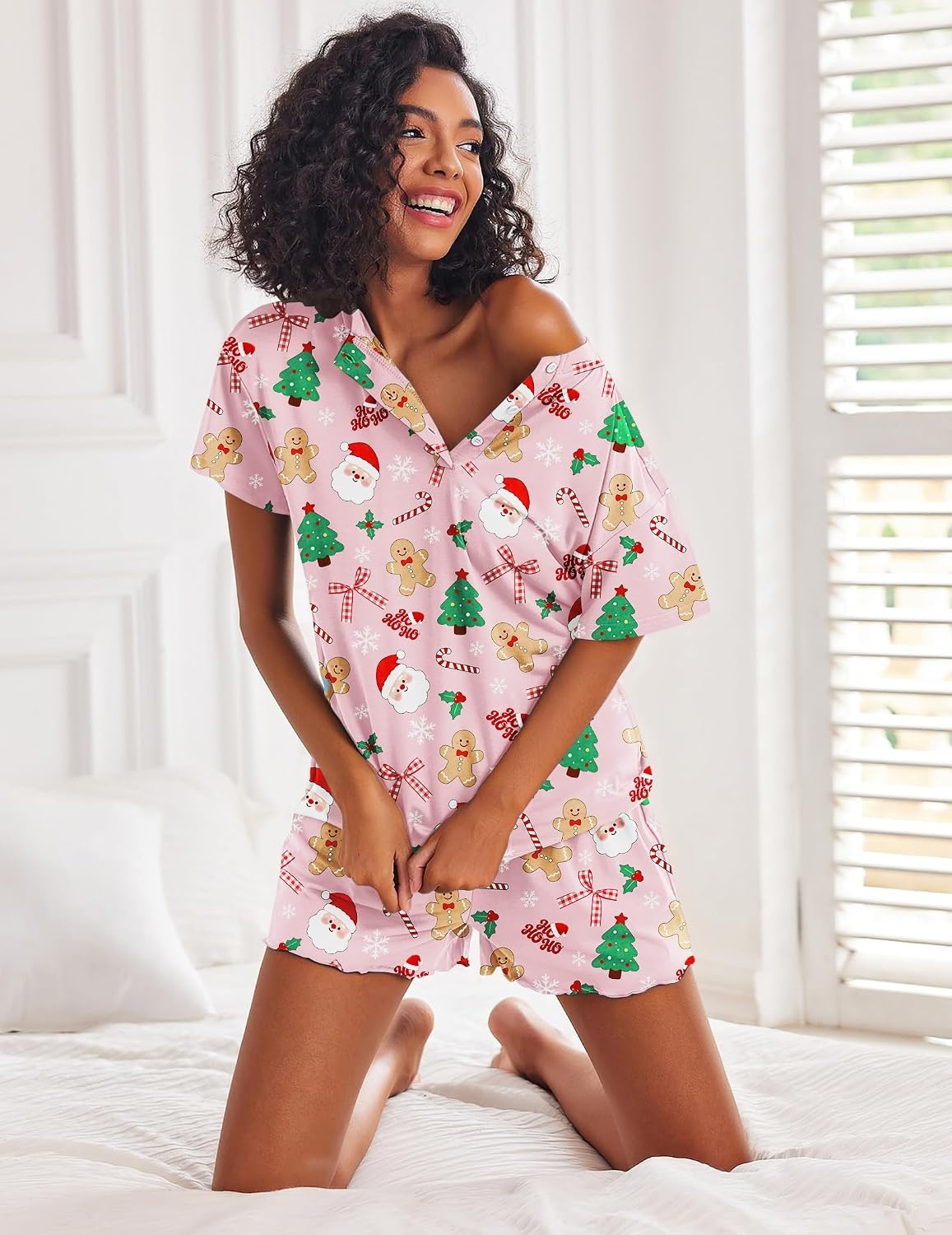 image:imageEkouaer Pajamas Set for Women Short Sleeve Lounge Set 2 Piece Soft Cute PjsPink Christmas Print