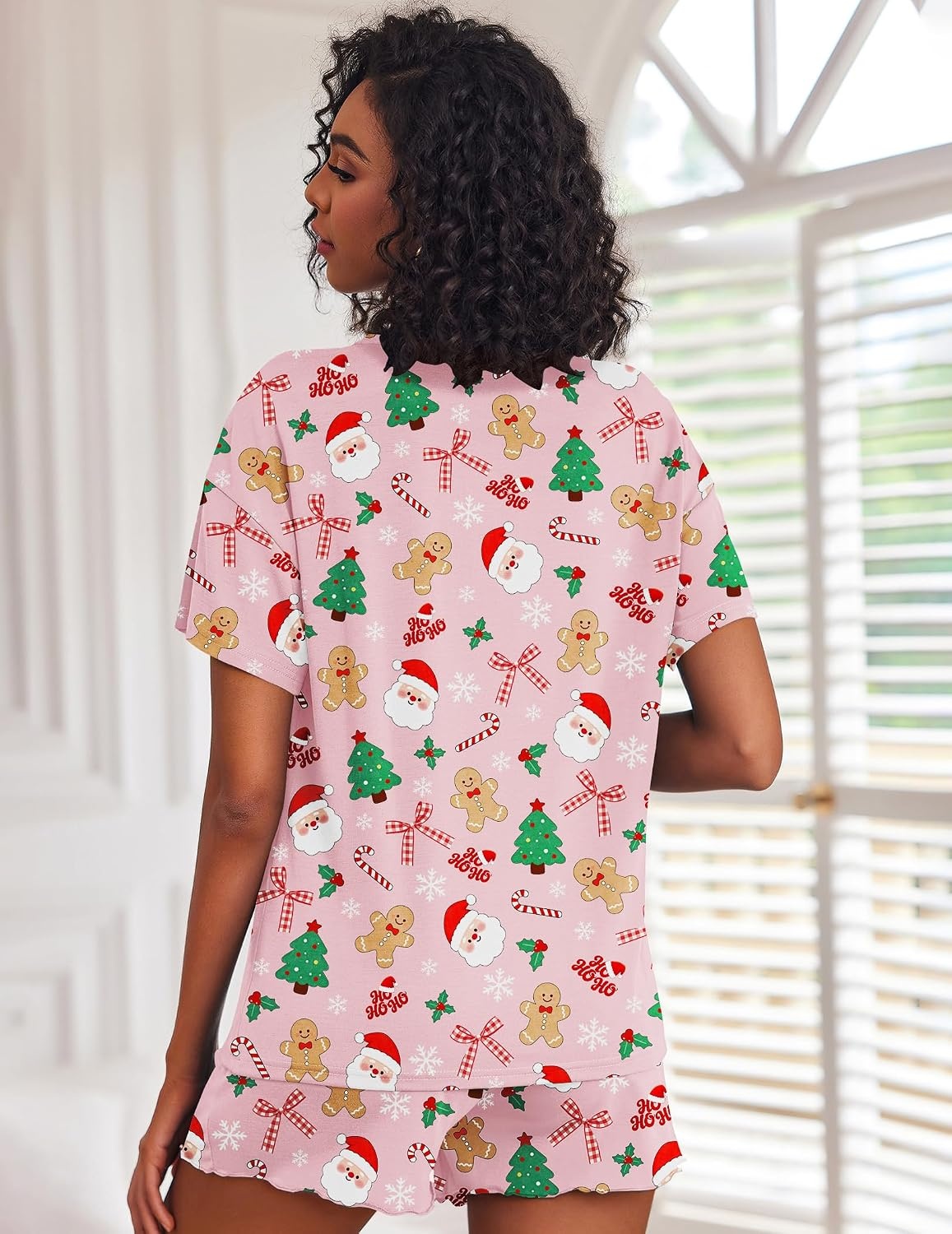 image:imageEkouaer Pajamas Set for Women Short Sleeve Lounge Set 2 Piece Soft Cute PjsPink Christmas Print