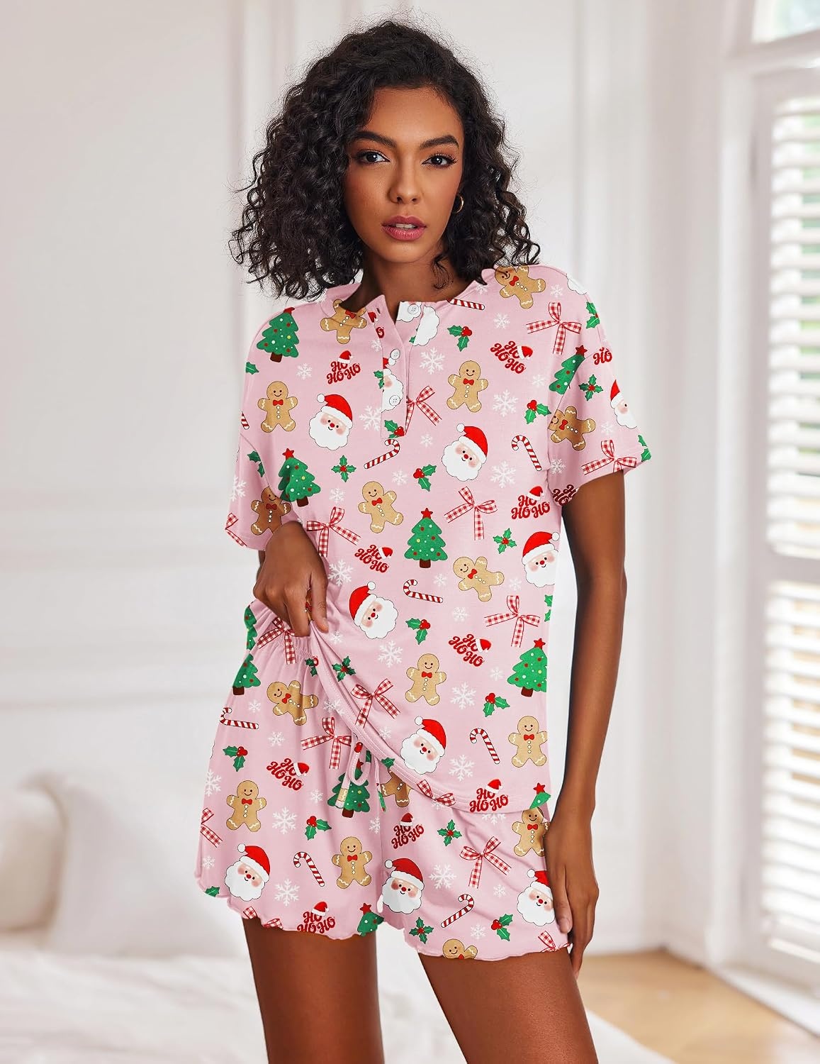 image:imageEkouaer Pajamas Set for Women Short Sleeve Lounge Set 2 Piece Soft Cute PjsPink Christmas Print