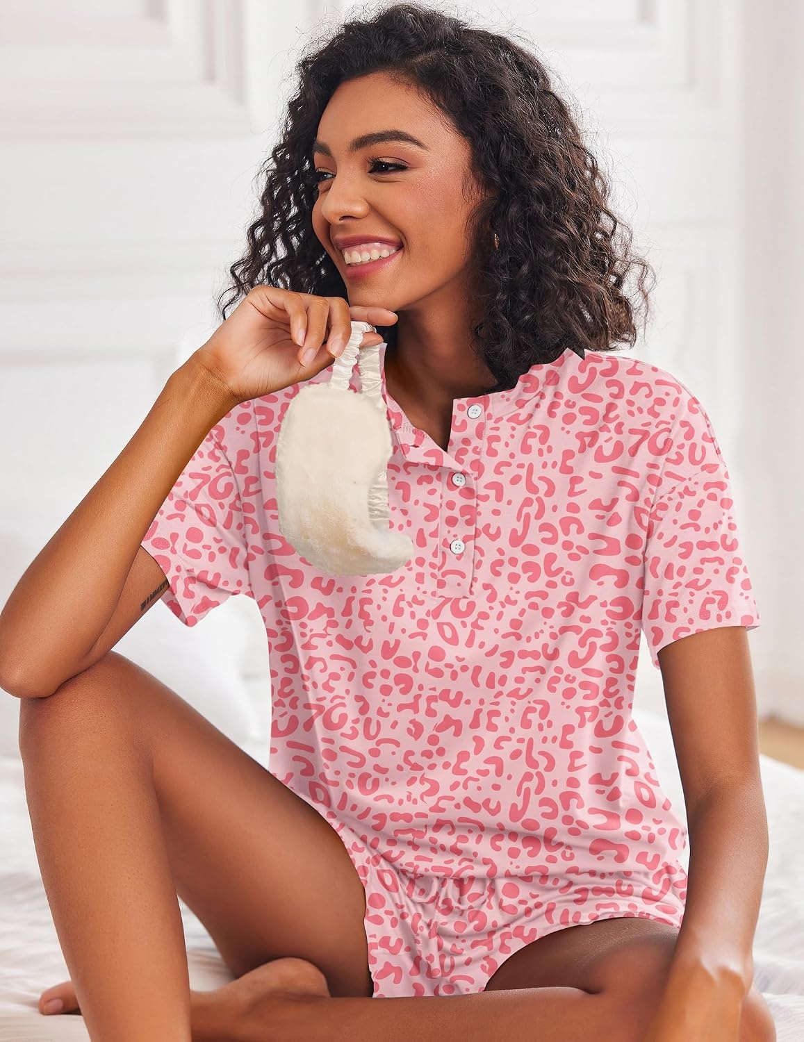image:imageEkouaer Pajamas Set for Women Short Sleeve Lounge Set 2 Piece Soft Cute PjsPink Heart Leopard