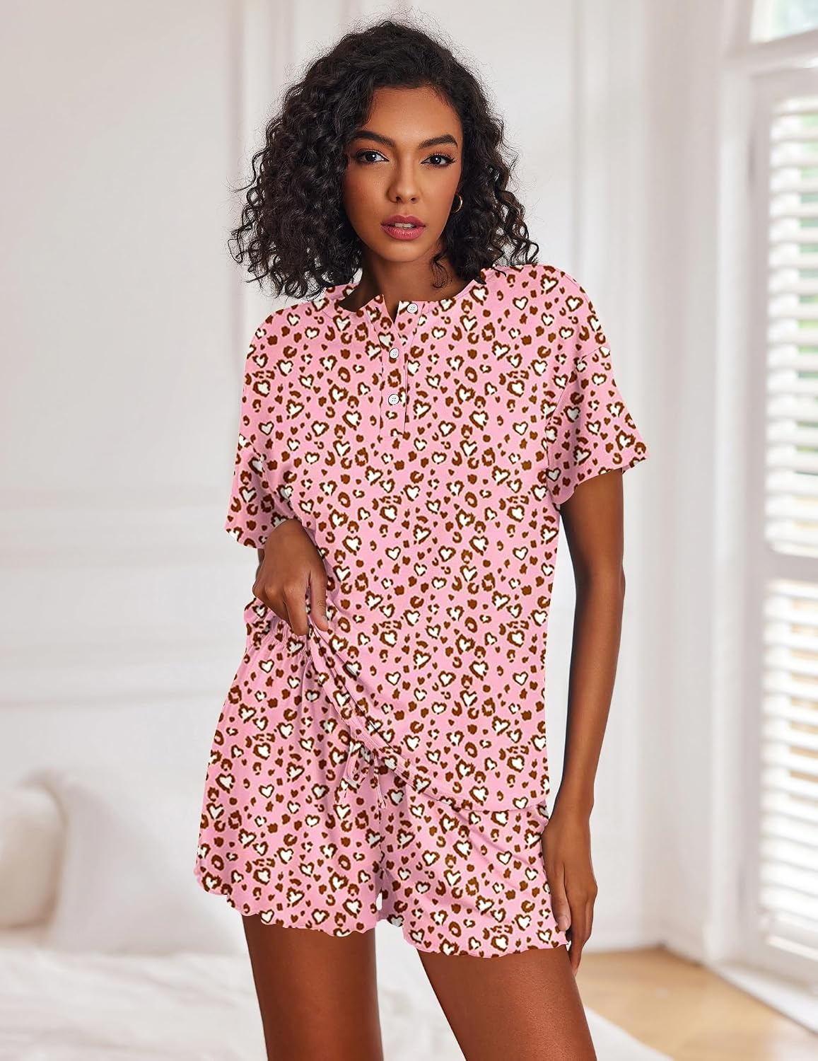 image:imageEkouaer Pajamas Set for Women Short Sleeve Lounge Set 2 Piece Soft Cute PjsPink Leopard