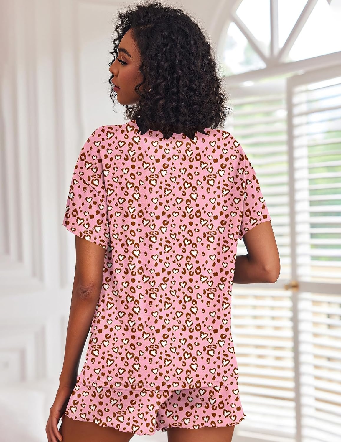 image:imageEkouaer Pajamas Set for Women Short Sleeve Lounge Set 2 Piece Soft Cute PjsPink Leopard
