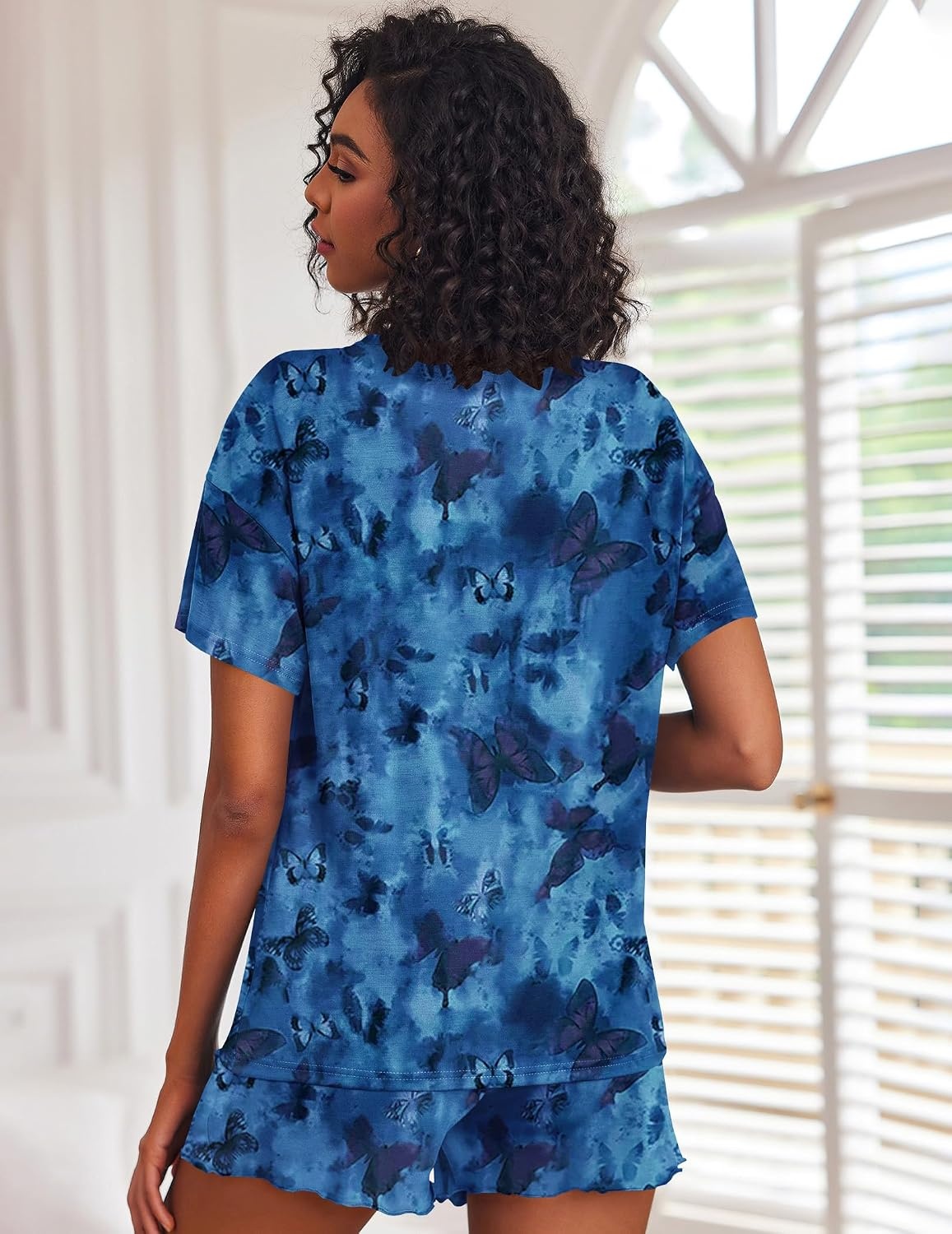 image:imageEkouaer Pajamas Set for Women Short Sleeve Lounge Set 2 Piece Soft Cute PjsTie Dye Blue Butterfly