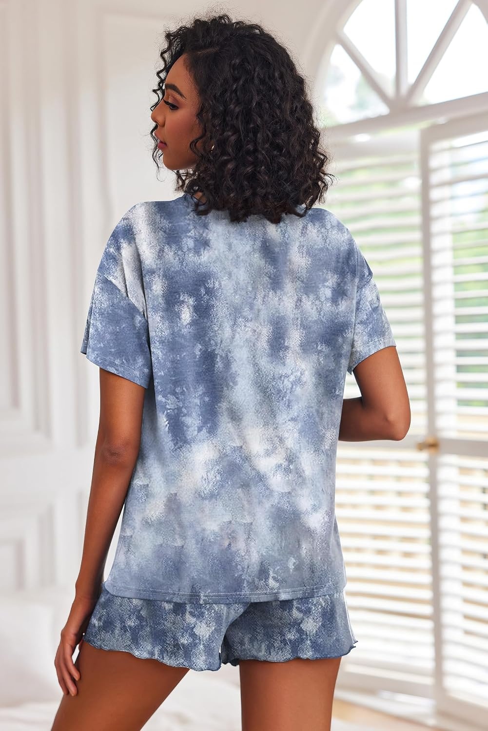 image:imageEkouaer Pajamas Set for Women Short Sleeve Lounge Set 2 Piece Soft Cute PjsTie Dye Grey Blue