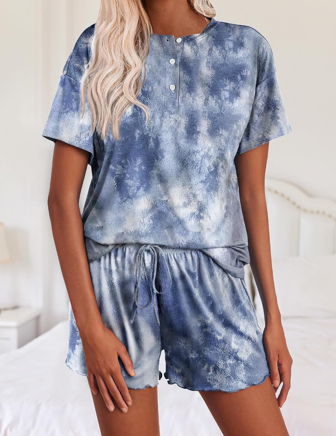 image:imageEkouaer Pajamas Set for Women Short Sleeve Lounge Set 2 Piece Soft Cute PjsTie Dye Grey Blue