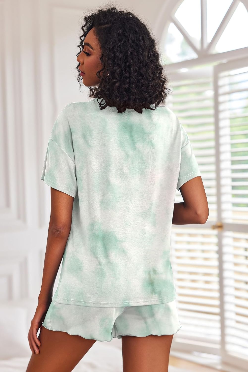 image:imageEkouaer Pajamas Set for Women Short Sleeve Lounge Set 2 Piece Soft Cute PjsTie Dye Light Green