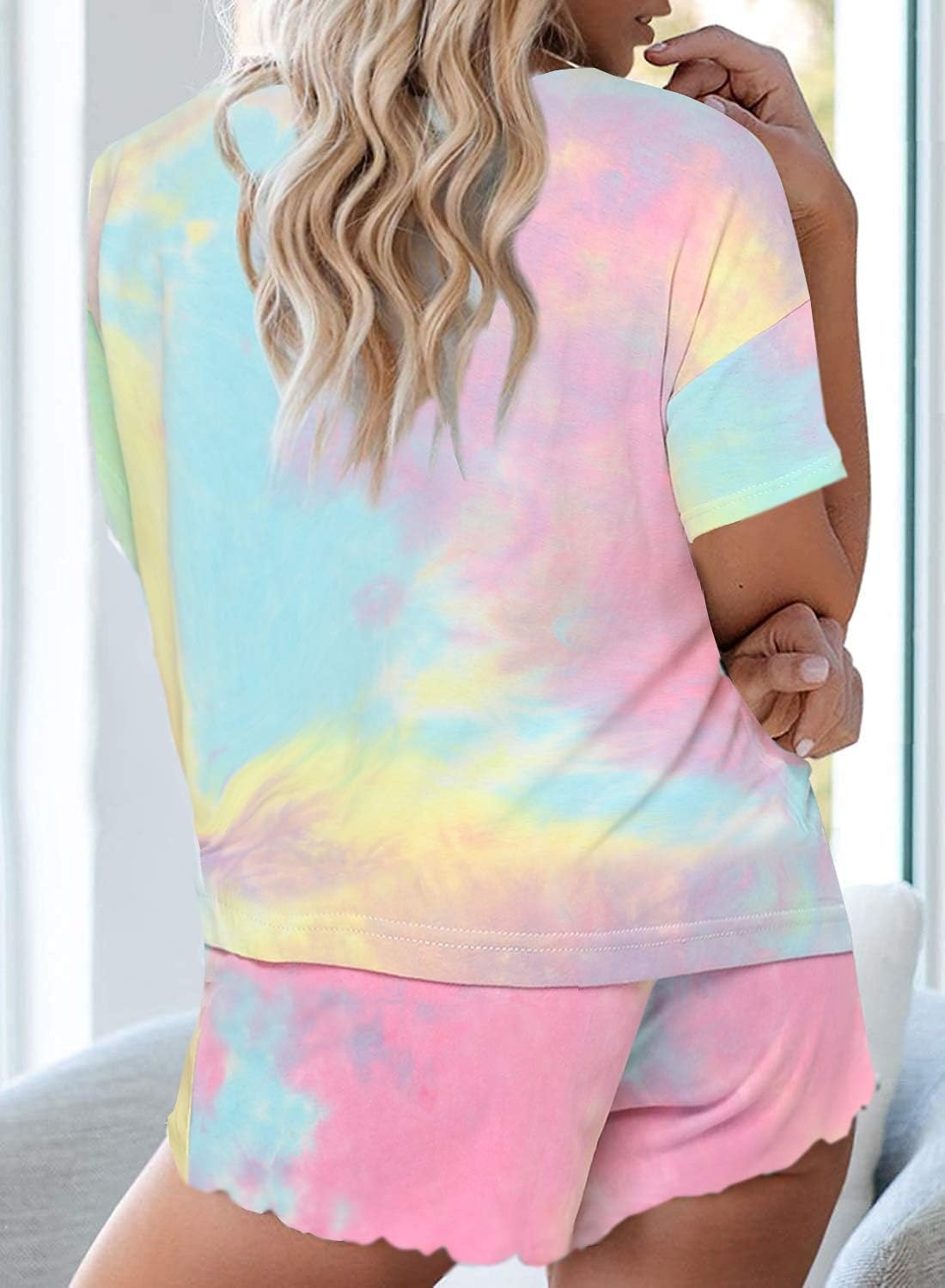 image:imageEkouaer Pajamas Set for Women Short Sleeve Lounge Set 2 Piece Soft Cute PjsTie Dye Pink Yellow