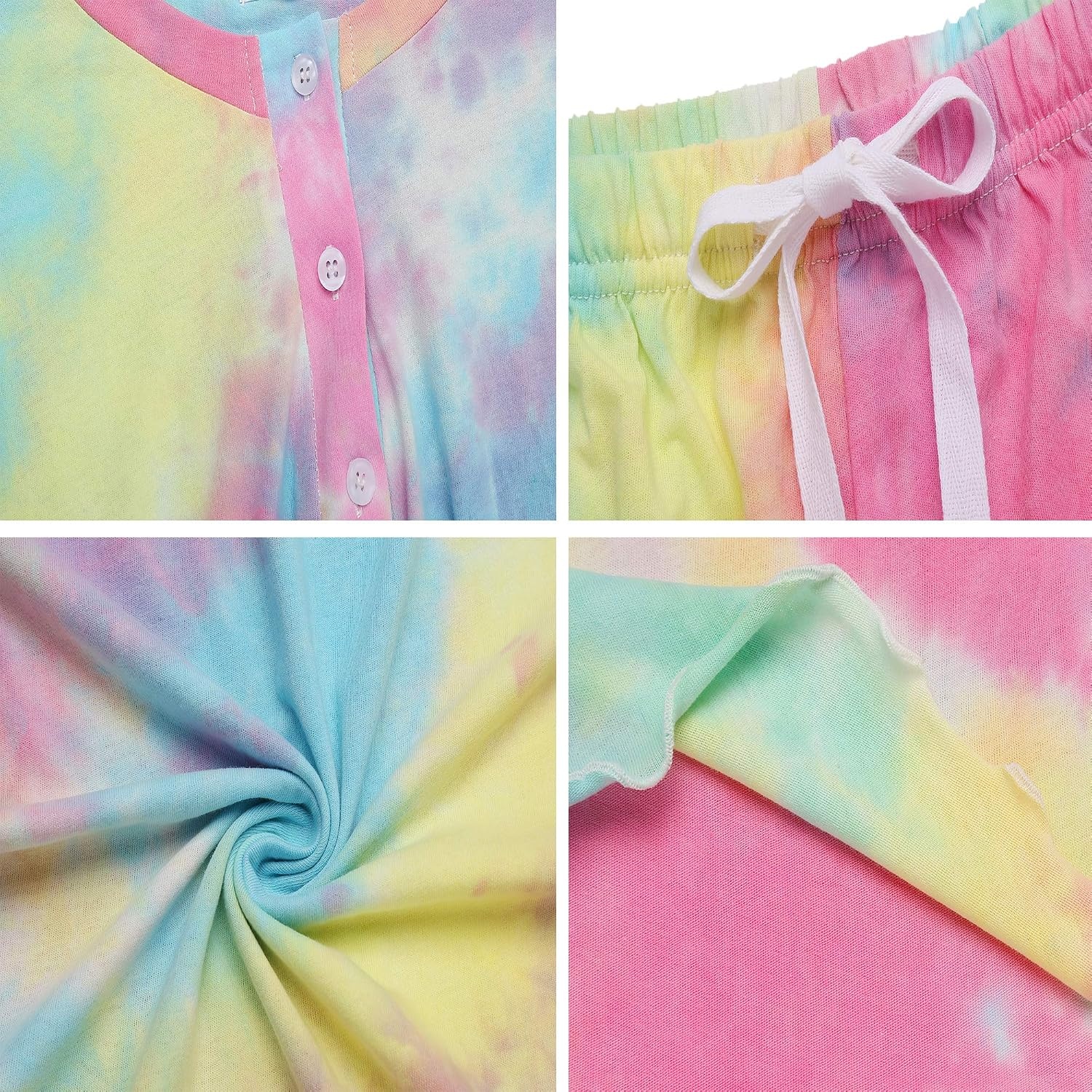 image:imageEkouaer Pajamas Set for Women Short Sleeve Lounge Set 2 Piece Soft Cute PjsTie Dye Pink Yellow
