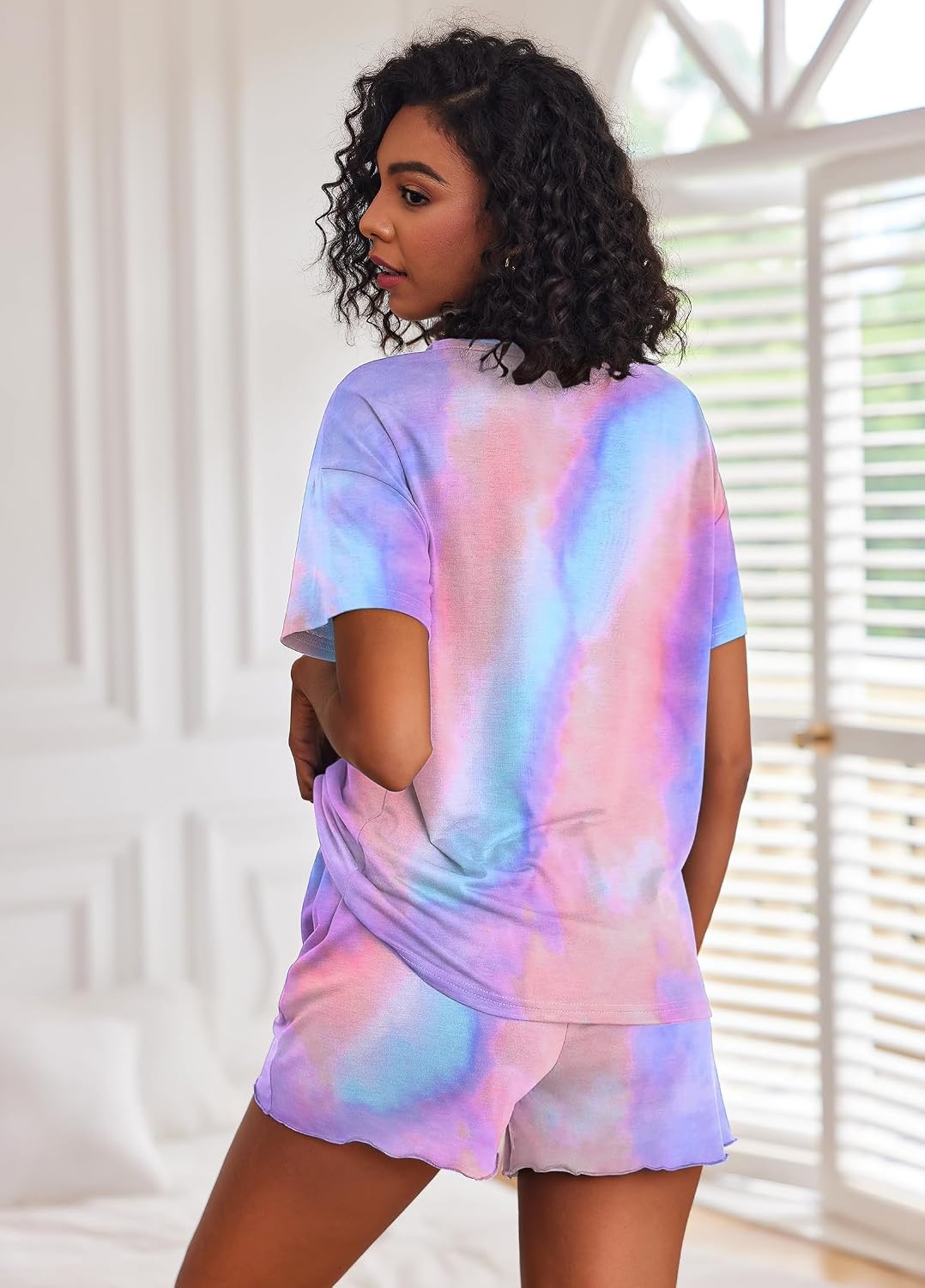 image:imageEkouaer Pajamas Set for Women Short Sleeve Lounge Set 2 Piece Soft Cute PjsTie Dye Purple Blue