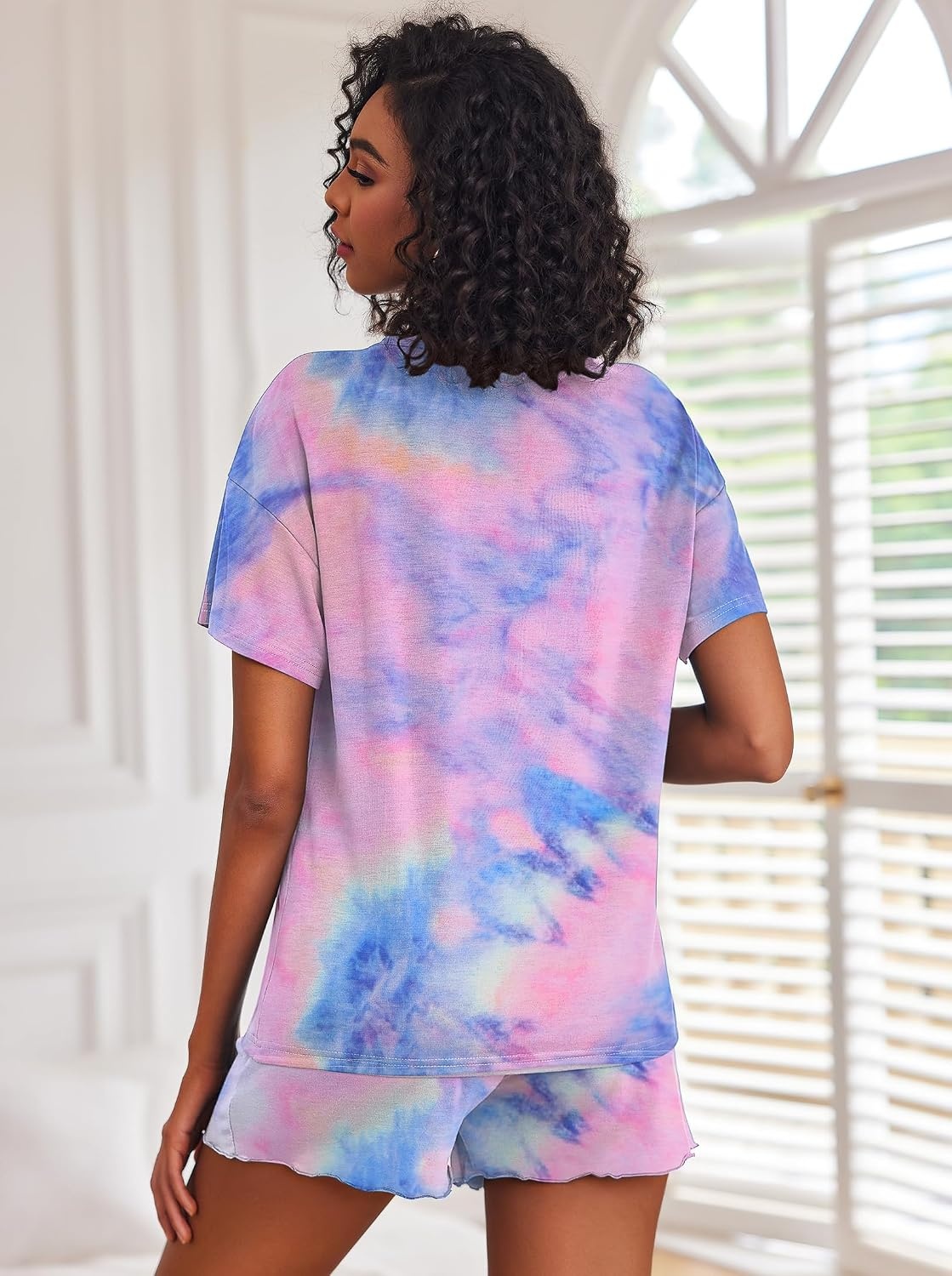 image:imageEkouaer Pajamas Set for Women Short Sleeve Lounge Set 2 Piece Soft Cute PjsTie Dye Rose Red Blue