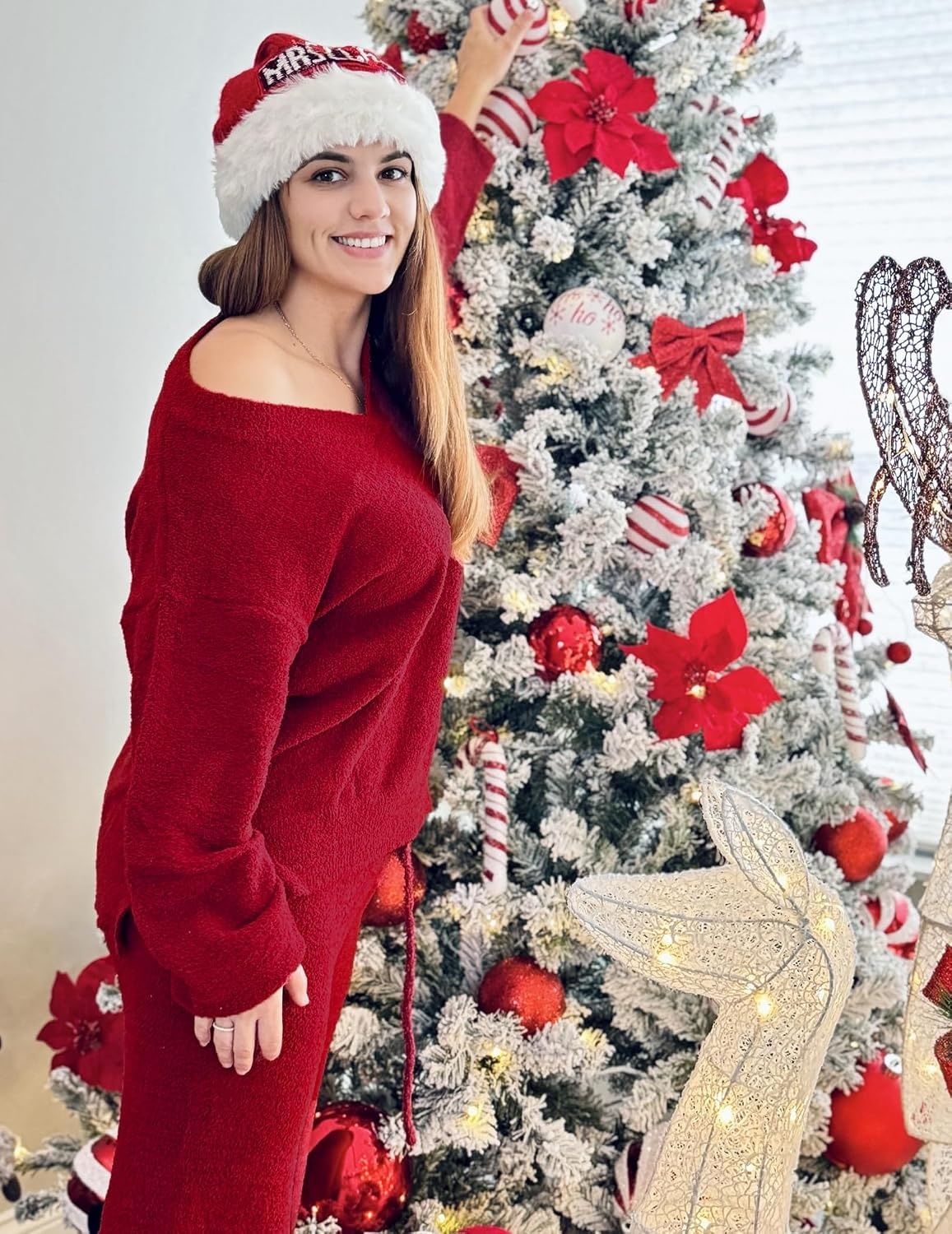 image:imageEkouaer Pajamas for Women 2 Piece Lounge Set Fuzzy Fleece Long Sleeve PjsBrick Red