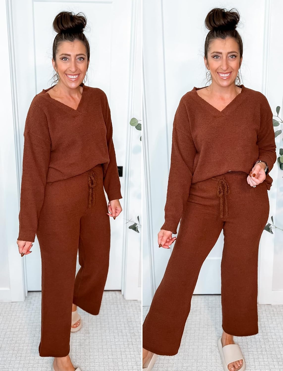image:imageEkouaer Pajamas for Women 2 Piece Lounge Set Fuzzy Fleece Long Sleeve PjsBrown